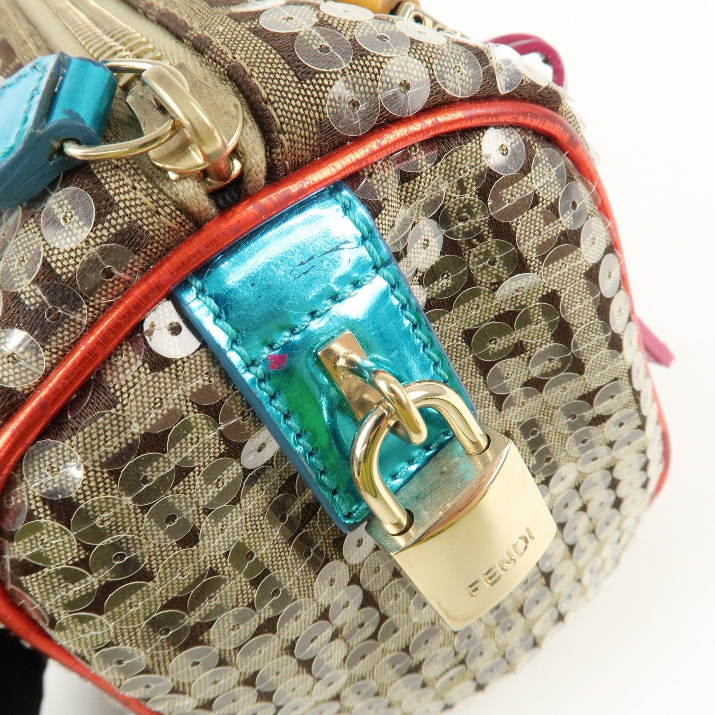 FENDI Zucchino Flip Sequin Canvas Patent Leather Boston Bag 8BL071