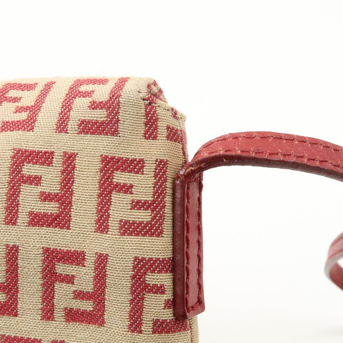 FENDI Zucchino Canvas Leather Shoulder Bag Beige Red 8BT075
