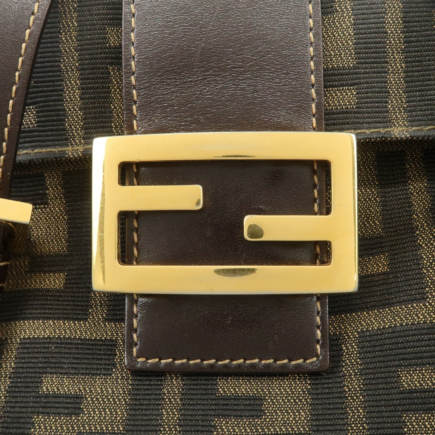 FENDI Zucca Canvas Leather Hand Bag Brown Black Gold Hardware