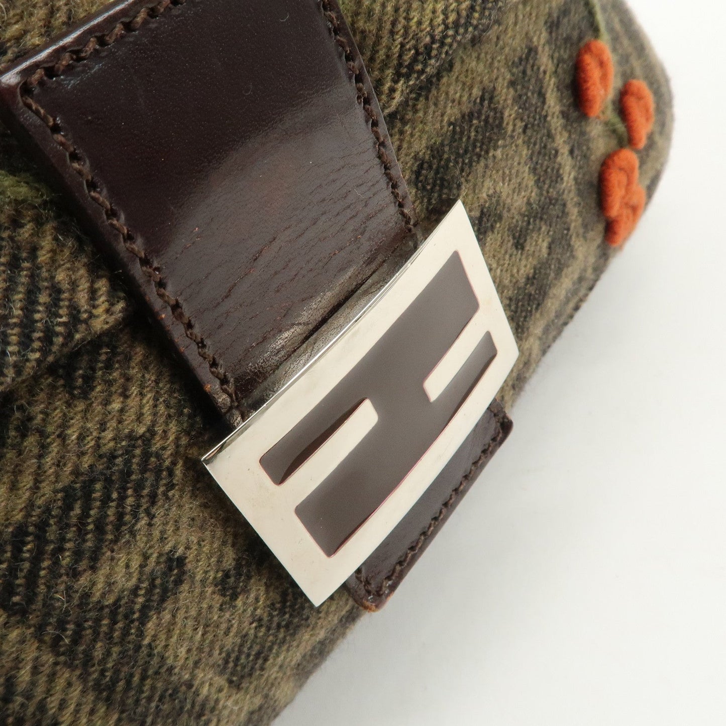 FENDI Mamma Baguette Wool Leather Shoulder Bag Tree Motif Khaki