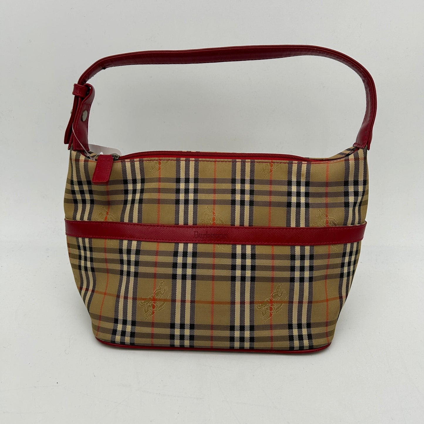 Luxury Burberry House Check Beige Red Leather Trim Handbag Medium