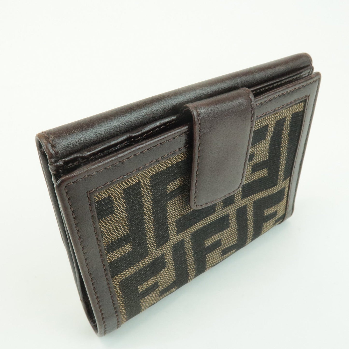 FENDI Zucca Leather Canvas Double Hook Bi-fold Wallet Brown 30795