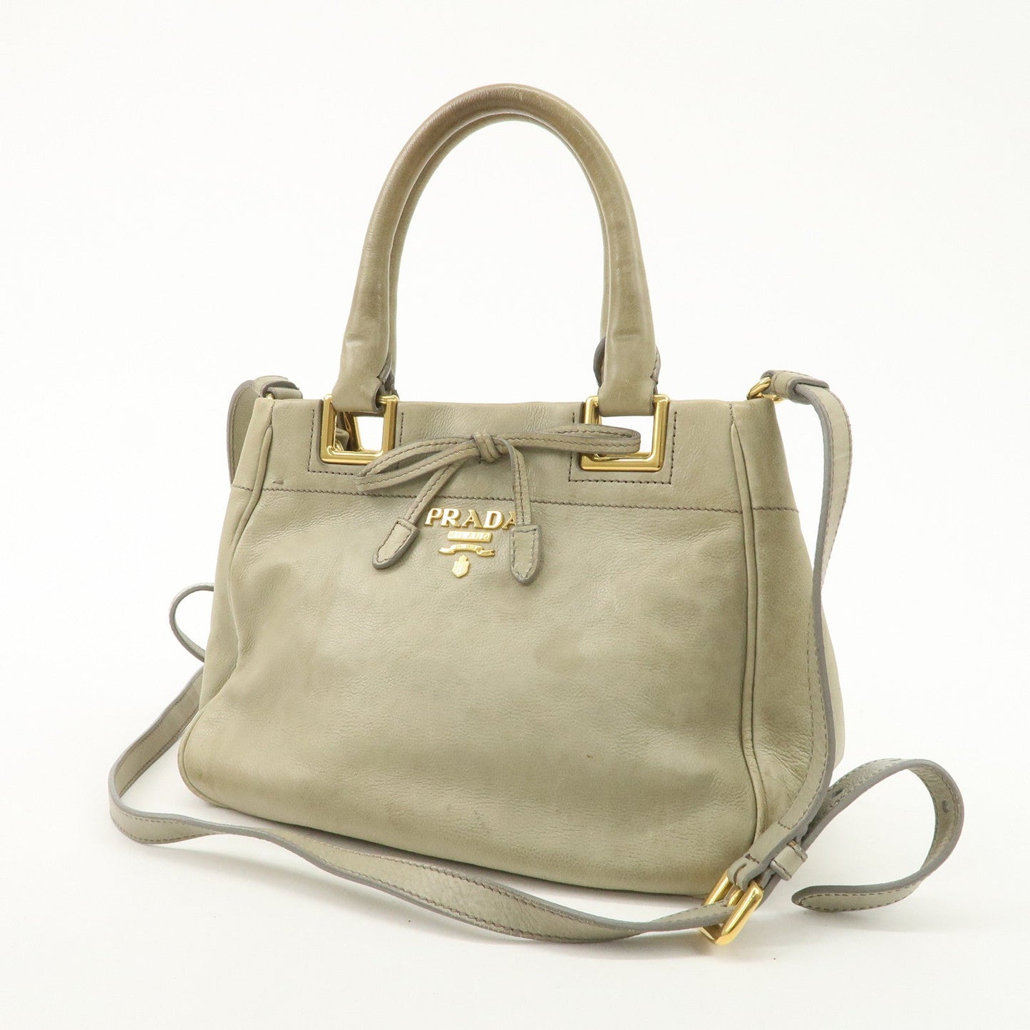 PRADA Logo Ribon Leather 2WAY Tote Bag Hand Bag Beige Gold HDW BN2245