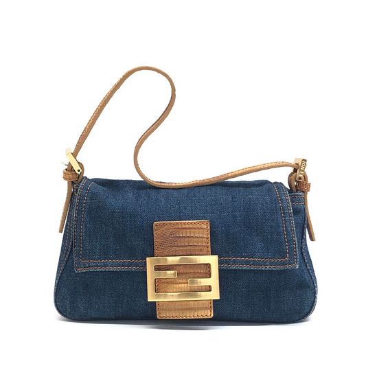 Fendi Mini Mamma Baguette Blue Denim Yellow Crocodile Leather Strap