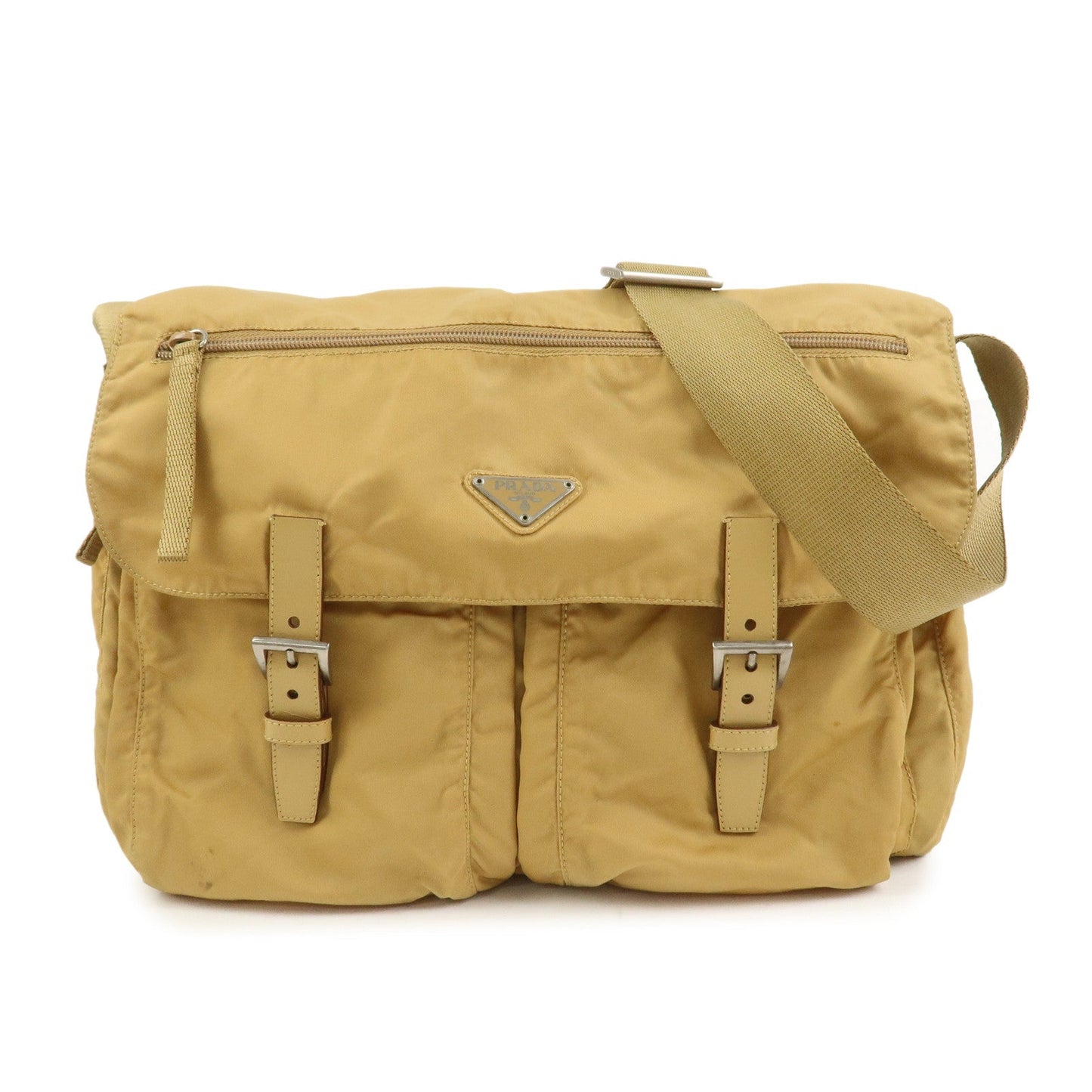 PRADA Triangle Logo Nylon Leather Shoulder Bag Crossbody Bag Beige