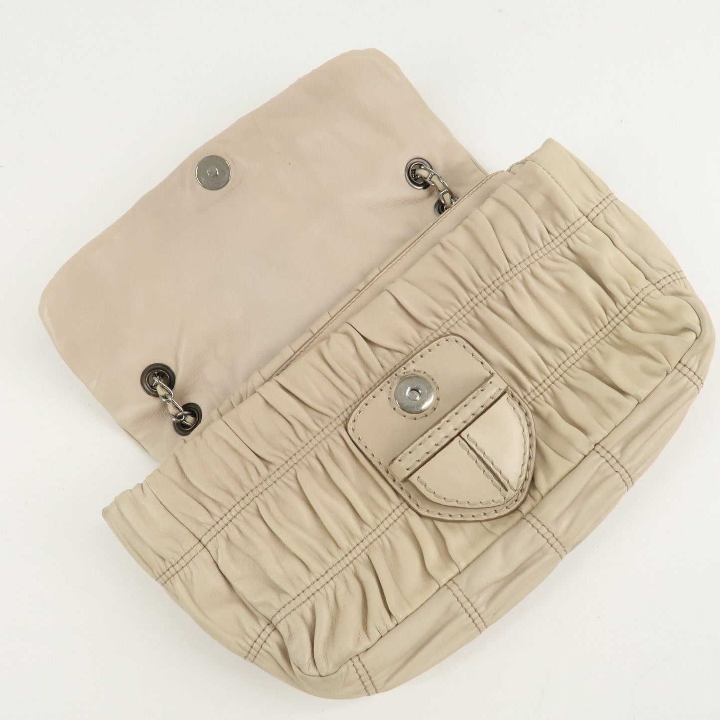 PRADA Leather Gathered Chain Shoulder Bag Ivory B4695C