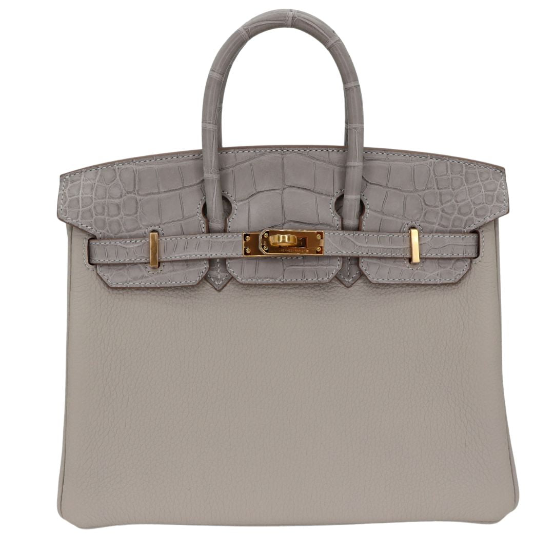 Hermes25cm Birkin Touch Gris Perle Togo/ Matte Alligator Gold Hardware