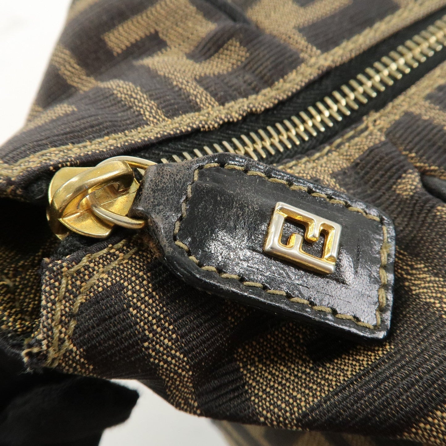 FENDI Zucca Canvas Leather Boston Bag Hand Bag Brown Black