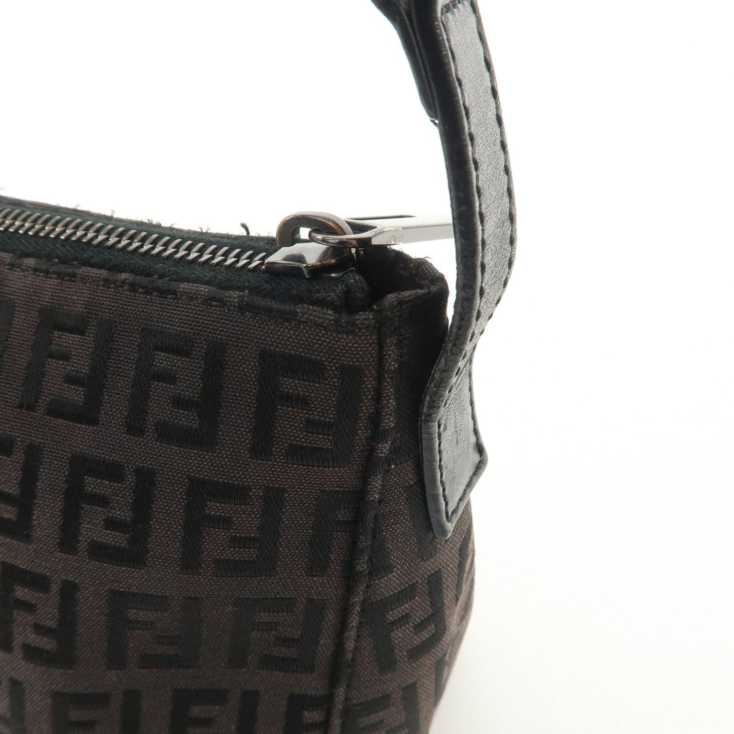 FENDI Zucchino Canvas Leather Shoulder Bag Dark Brown 8BR444