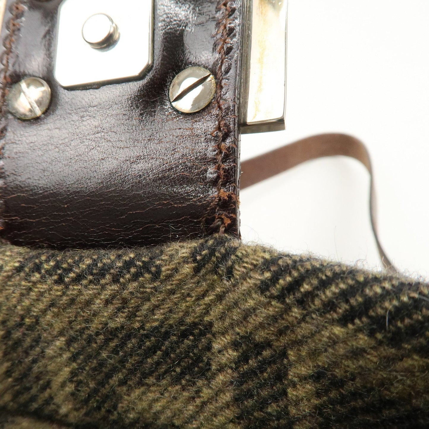FENDI Mamma Baguette Wool Leather Shoulder Bag Tree Motif Khaki