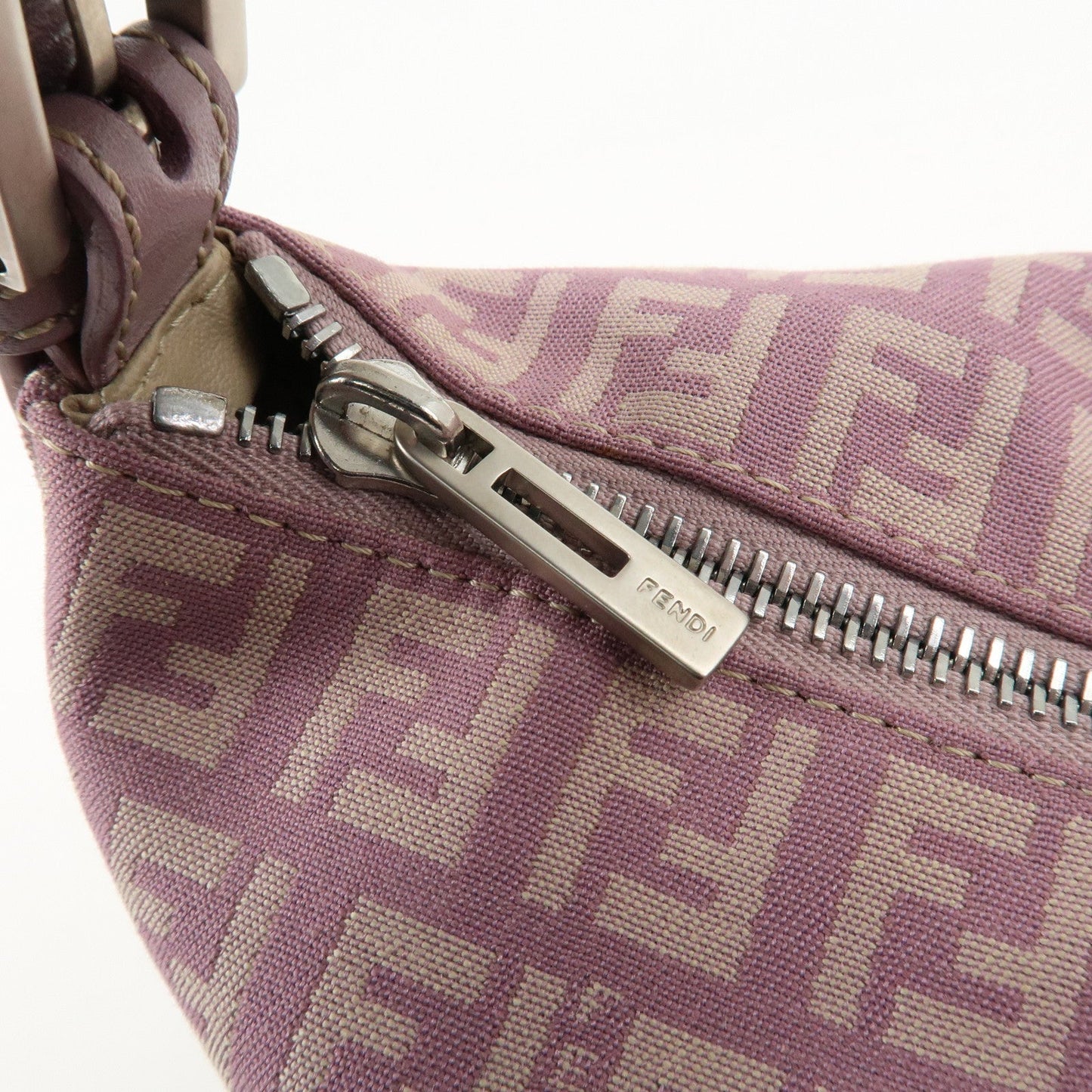 Auth FENDI  Zucchino Canvas Leather Hand Bag Pouch Purple Beige 8N0005  F/S