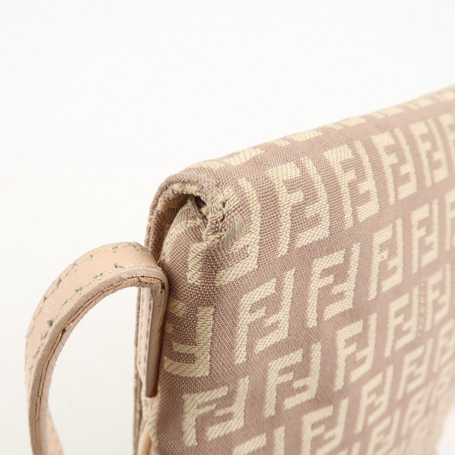 FENDI Zucchino Canvas Leather Shoulder Bag Pink Beige 8BT075