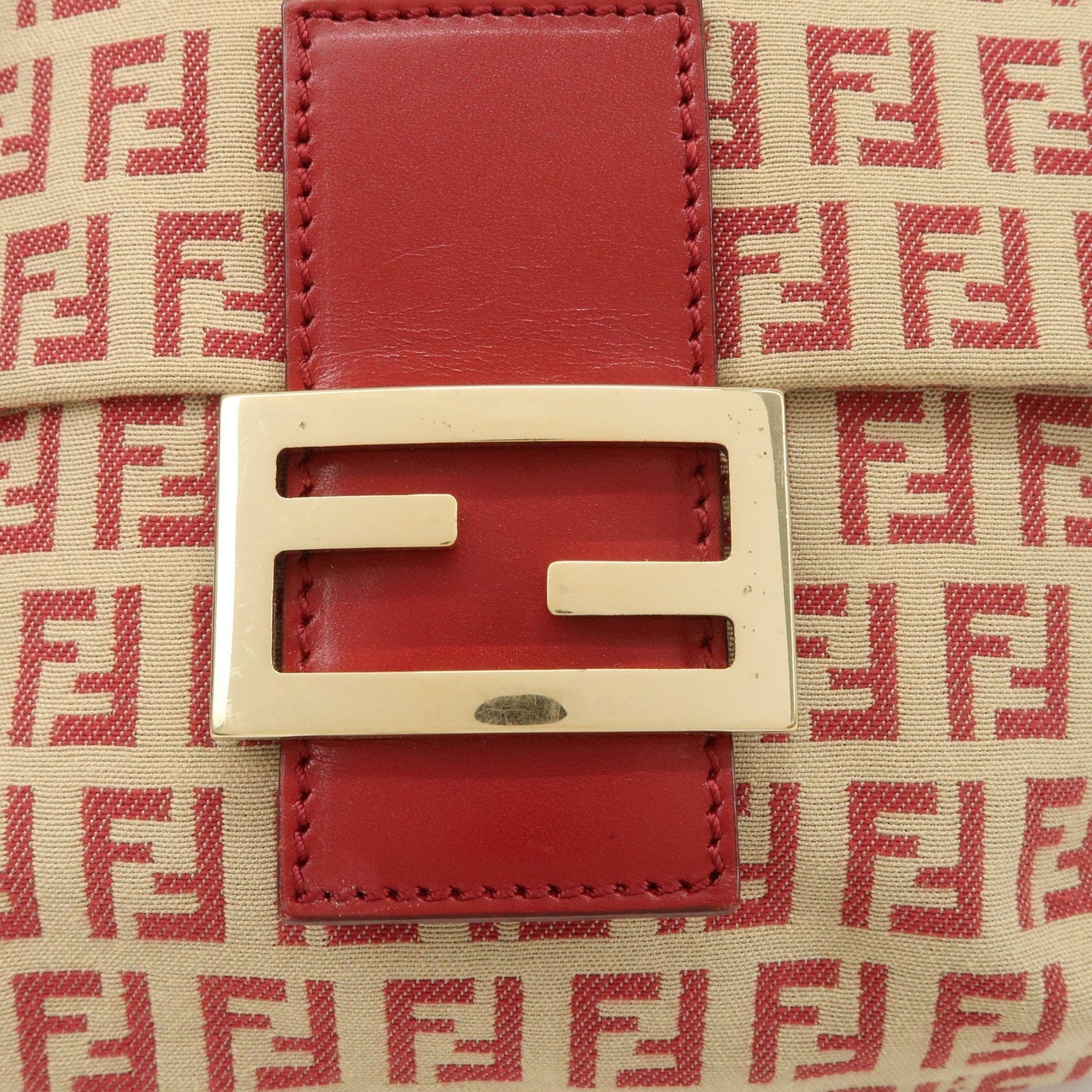 FENDI Zucchino Canvas Leather Shoulder Bag Beige Red 8BT075