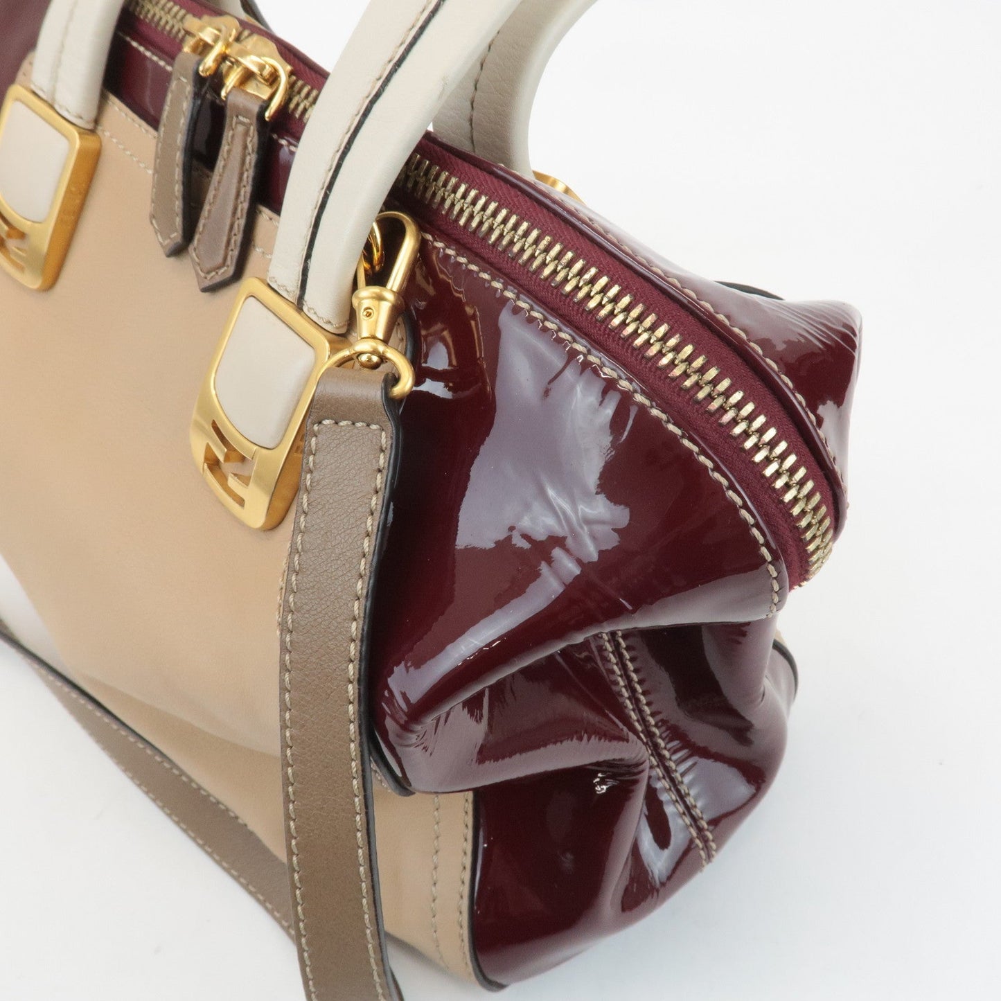 FENDI Chameleon Leather 2WAY Bag Hand Bag Beige Bordeaux 8BL114