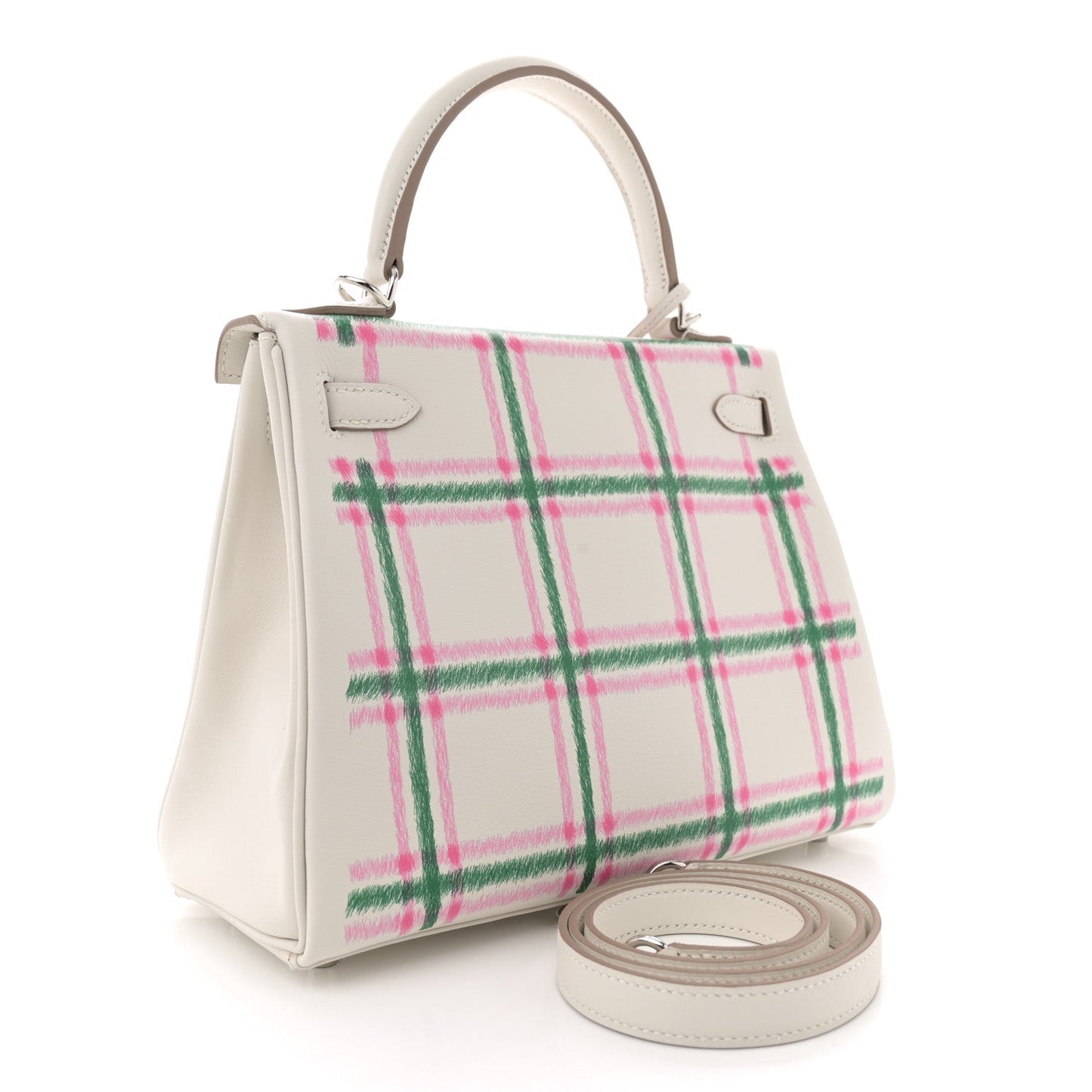 Hermes Swift Tartan Kelly Retourne 25 Gris Pale Rose Bubblegum Vert Moyen