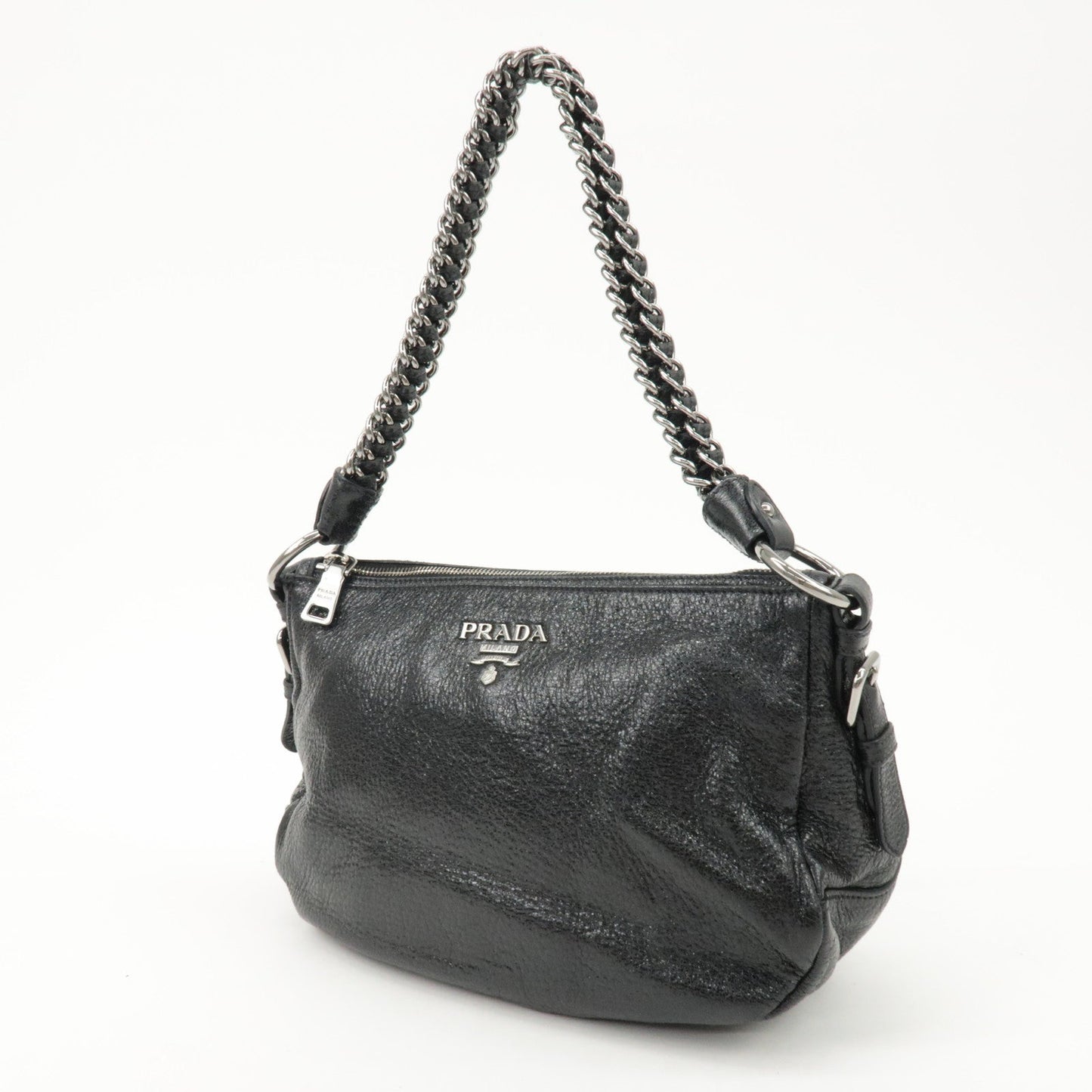 PRADA Logo Leather Chain Shoulder Bag Hand Bag Black BR4370