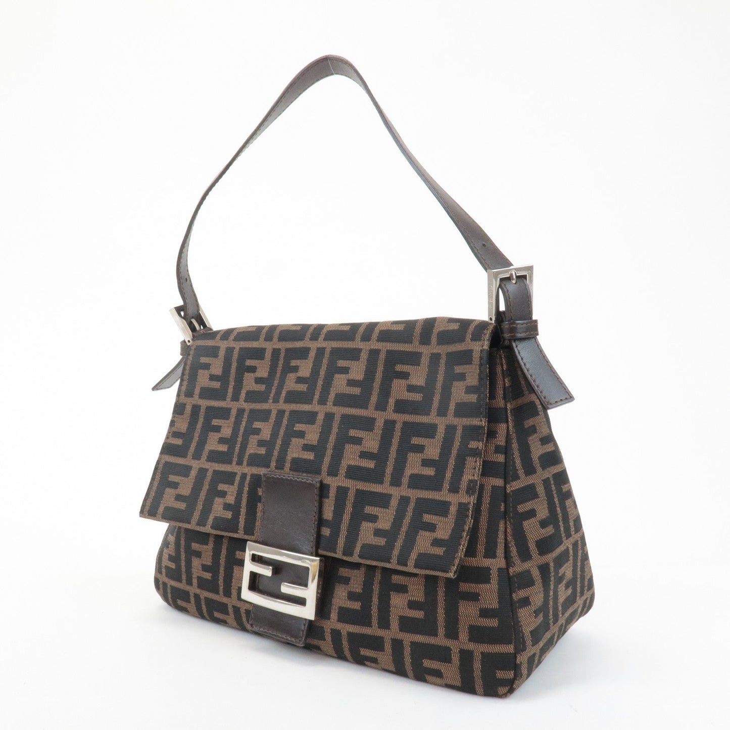 FENDI Mamma Baguette Canvas Leather Shoulder Bag Silver HDW 26325