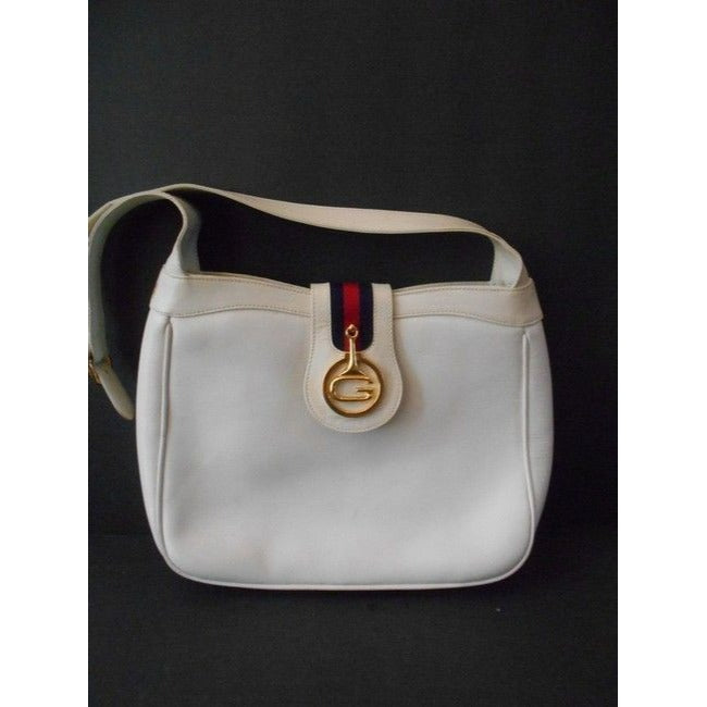 Gucci Vintage White Leather With Red And Blue Striped Accent And Large Gold G