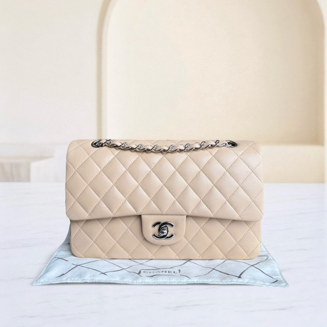 Chanel Classic Flap Medium - 25CM Quilted Lambskin Beige Silver Hardware Series 14