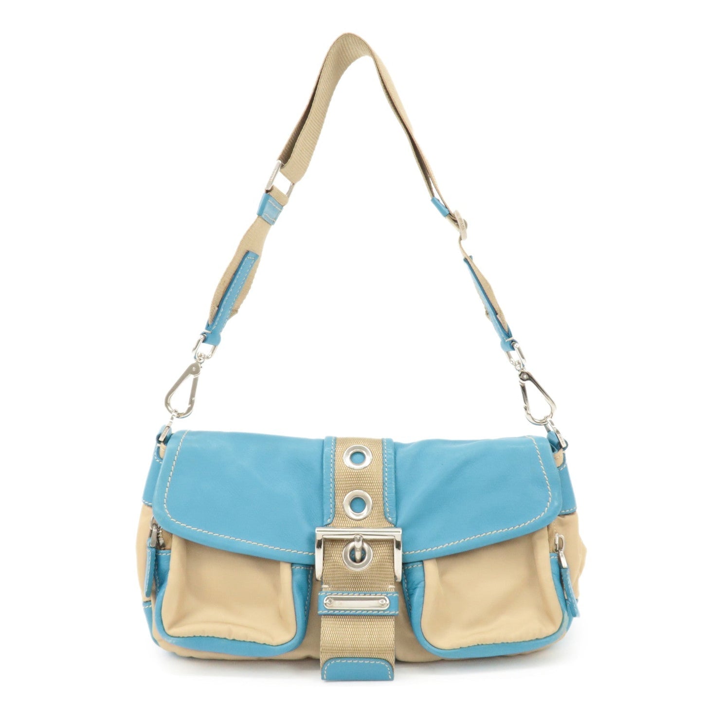 PRADA Nylon Leather Shoulder Bag Crossbody Bag Blue Beige BR2417