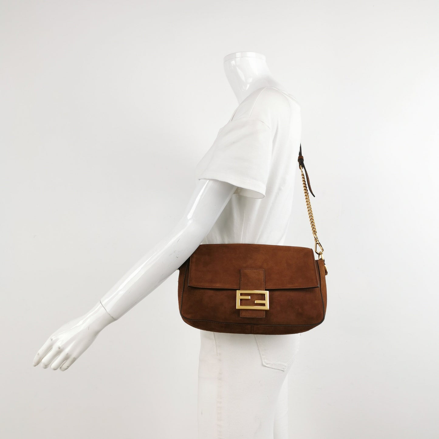 Fendi Baguette Selleria Suede Leather Crossbody Bag Large Caramel Tan