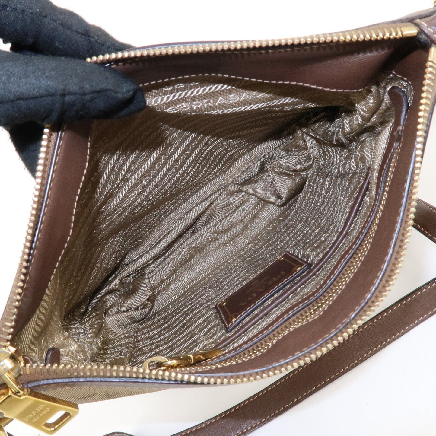 PRADA Jacquard Leather Shoulder Crossbody Bag Beige Brown BT867A
