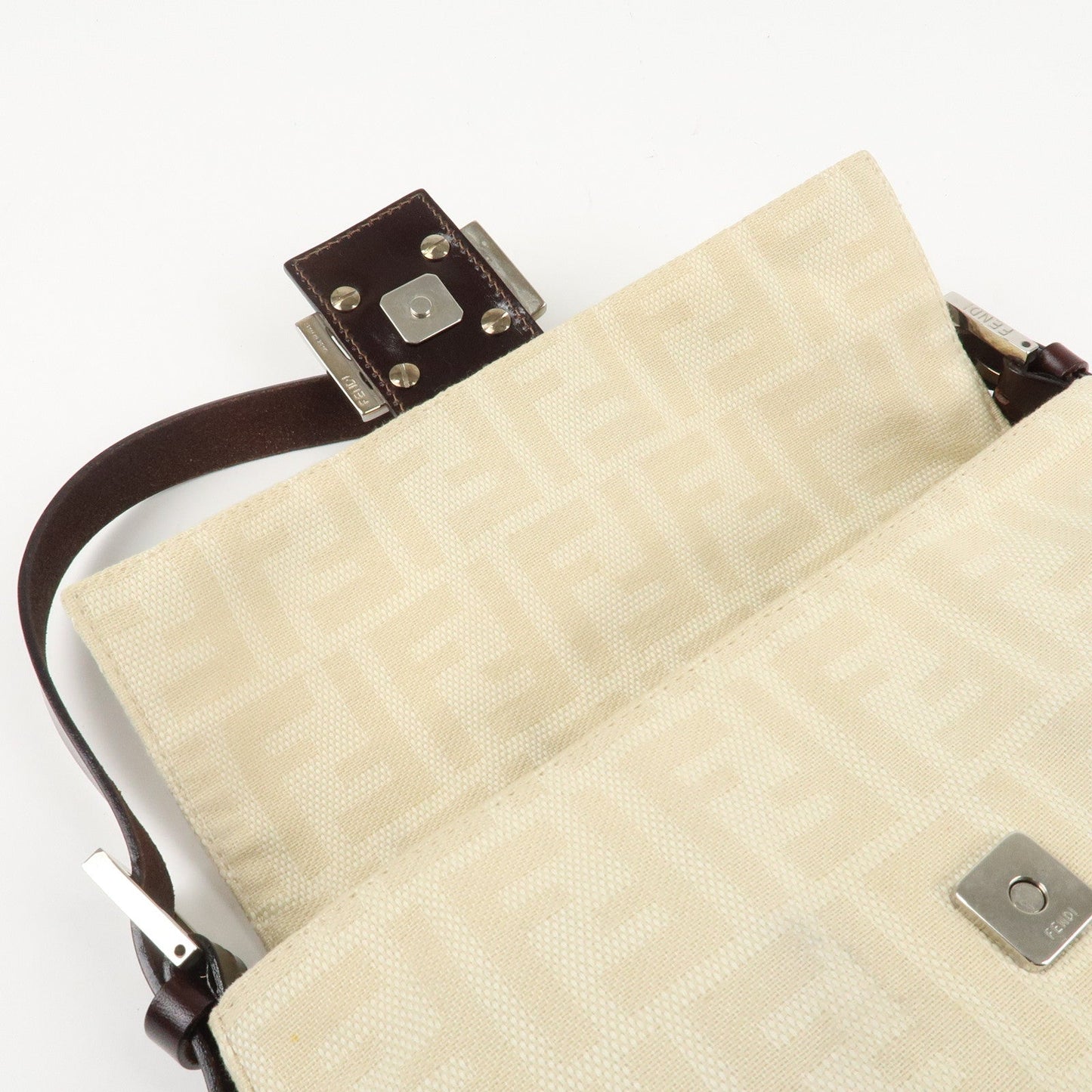 FENDI Mamma Baguette Zucca Canvas Shoulder Bag Beige White 26424