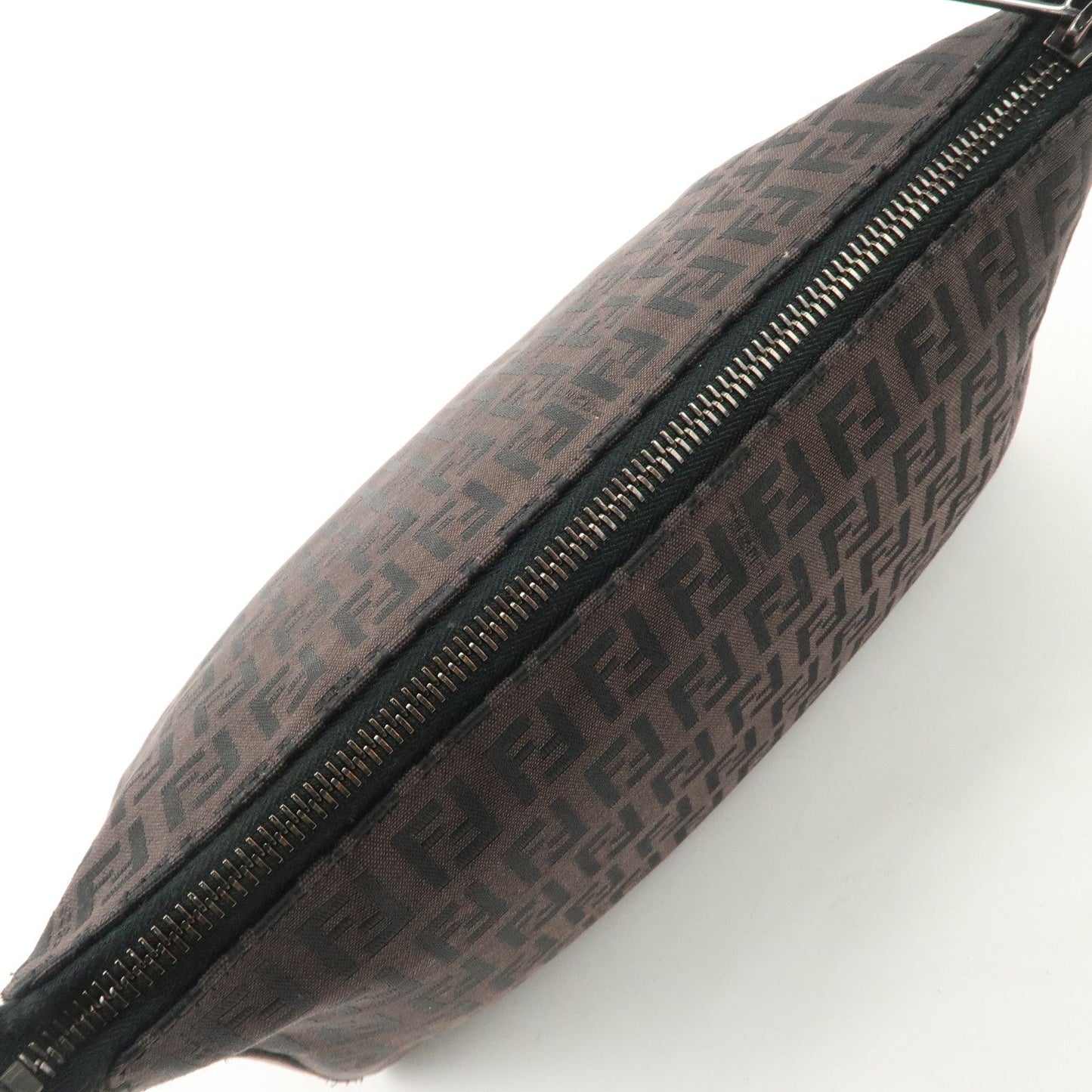 FENDI Zucchino Canvas Leather Shoulder Bag Dark Brown 8BR444
