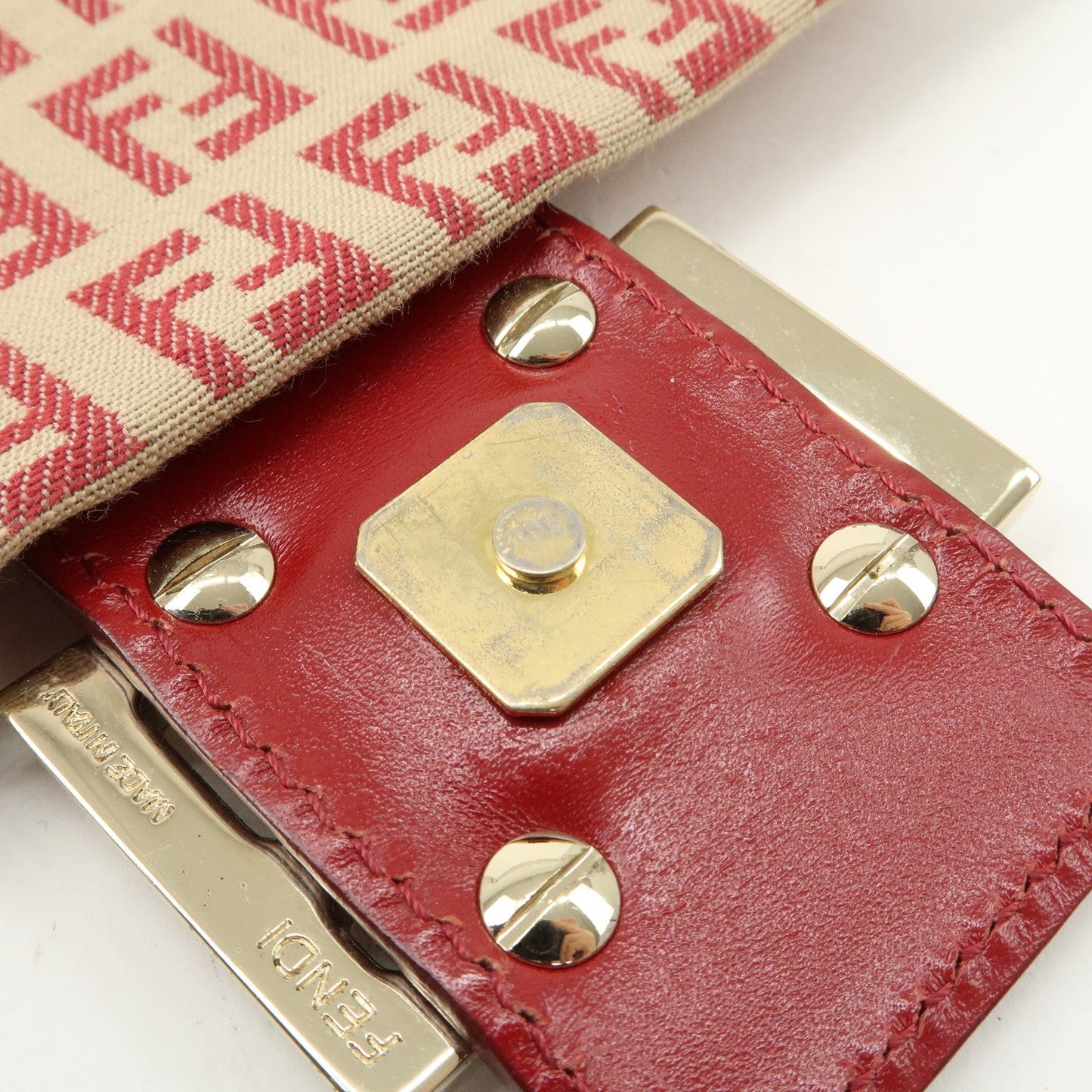 FENDI Zucchino Canvas Leather Shoulder Bag Beige Red 8BT075