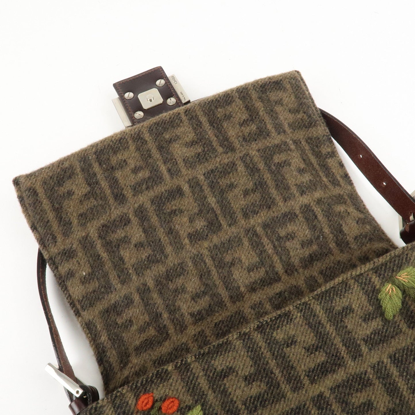 FENDI Mamma Baguette Zucca Wool Leather Shoulder Bag Flower