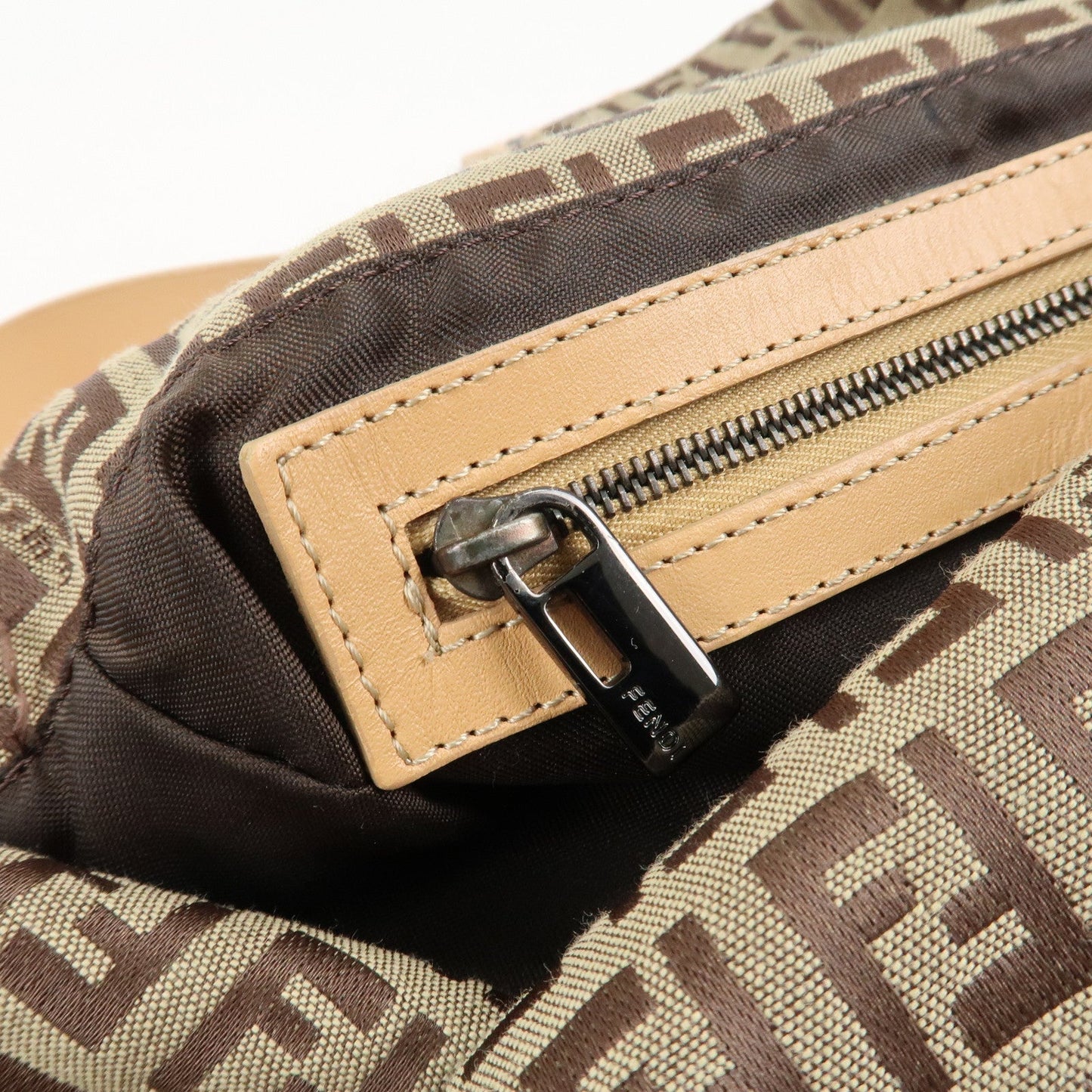 FENDI Zucchino Canvas Leather Shoulder Bag Beige 8BR003