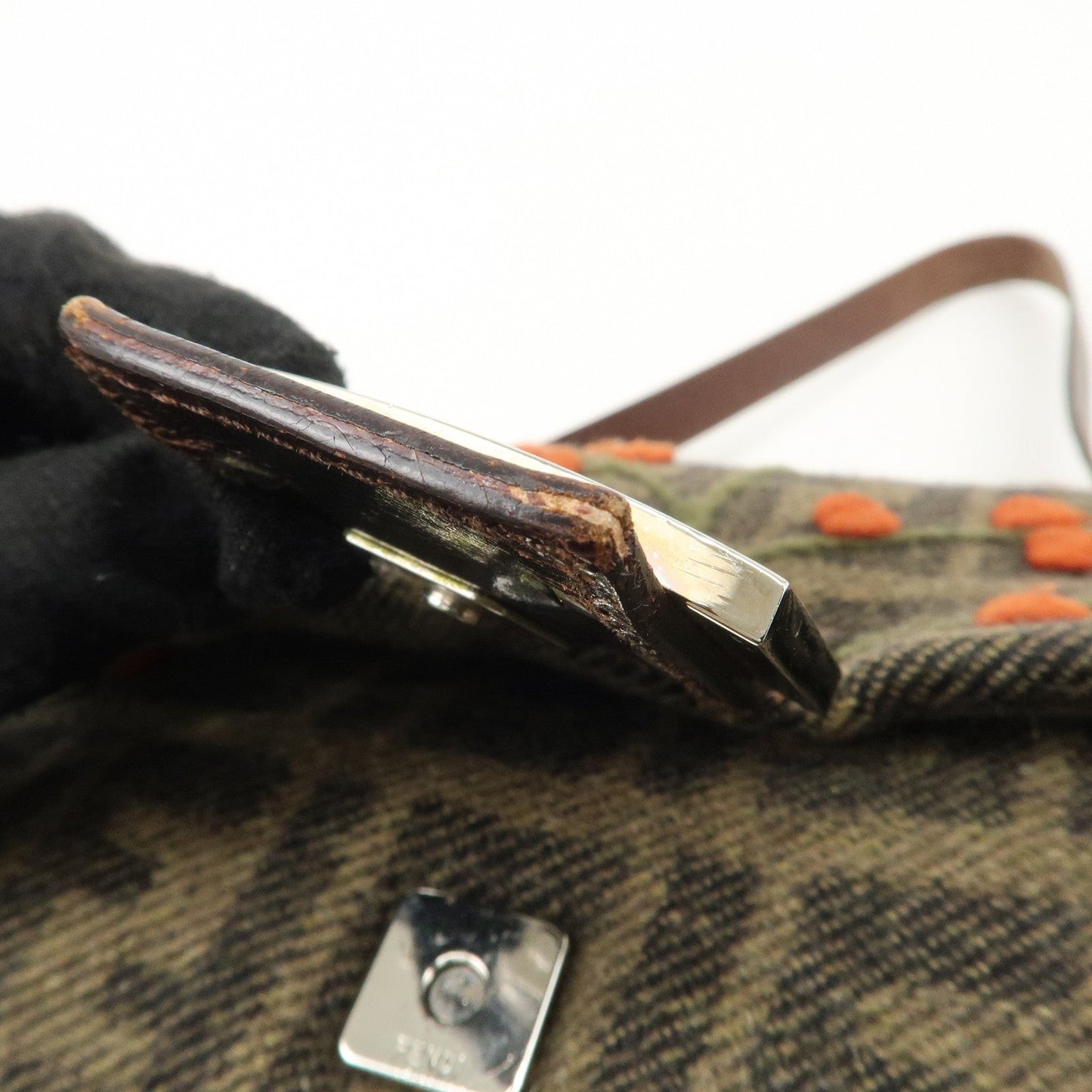 FENDI Mamma Baguette Wool Leather Shoulder Bag Tree Motif Khaki
