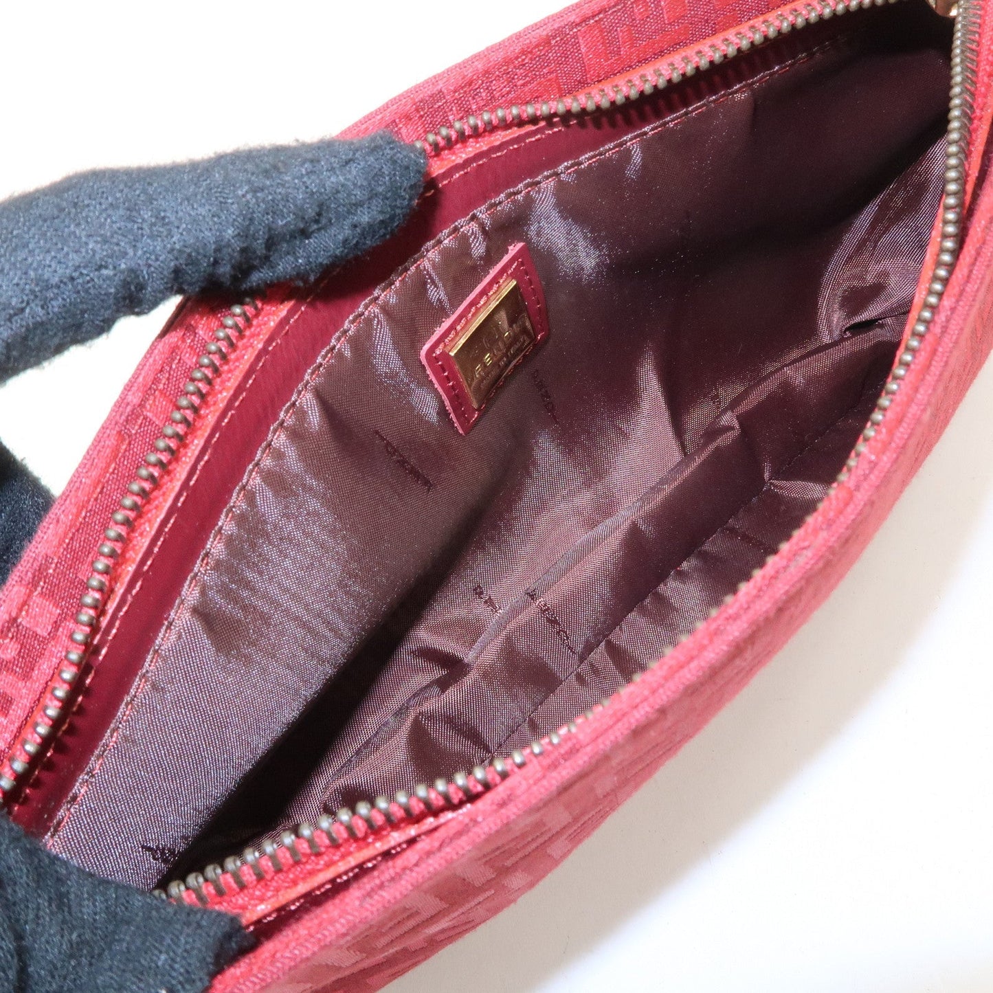 FENDI Zucchino Canvas Leather Shoulder Bag Purse Red 8BR042