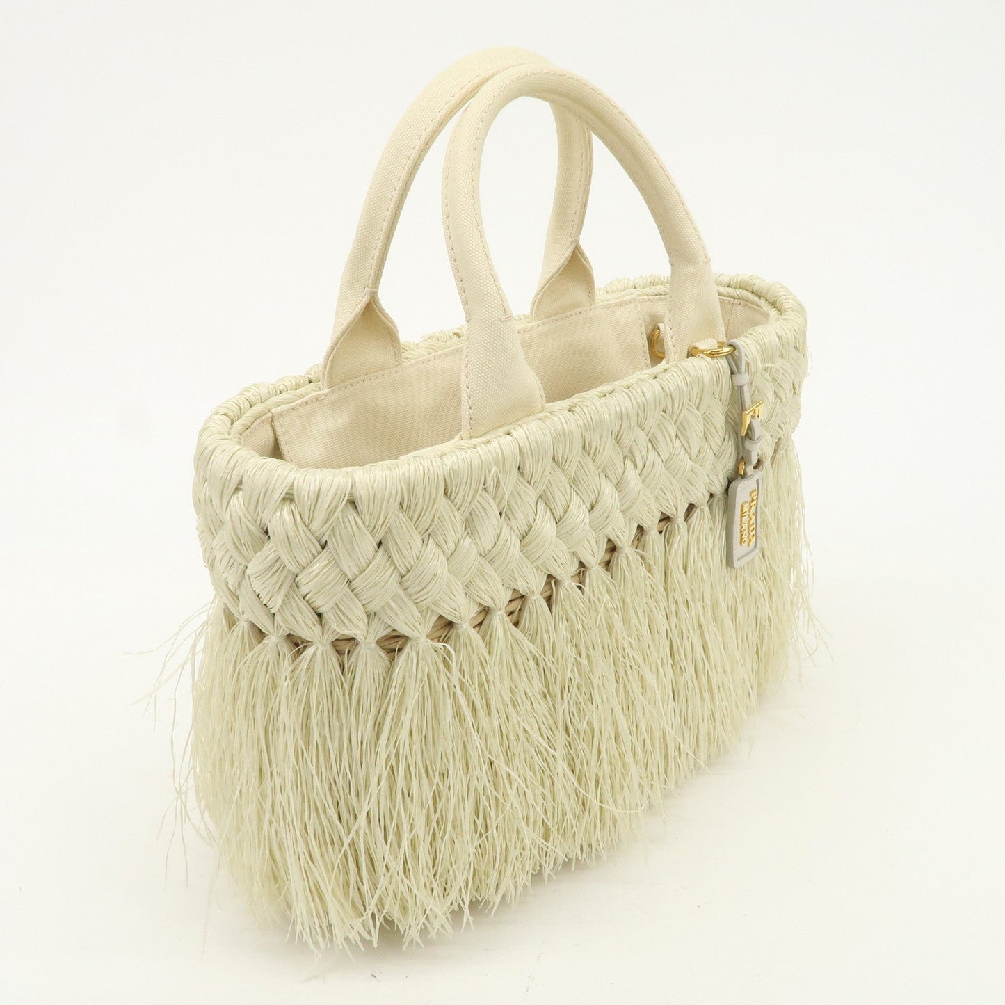PRADA Logo Raffia Canvas Straw Hand Bag White Gold Charm1BG089