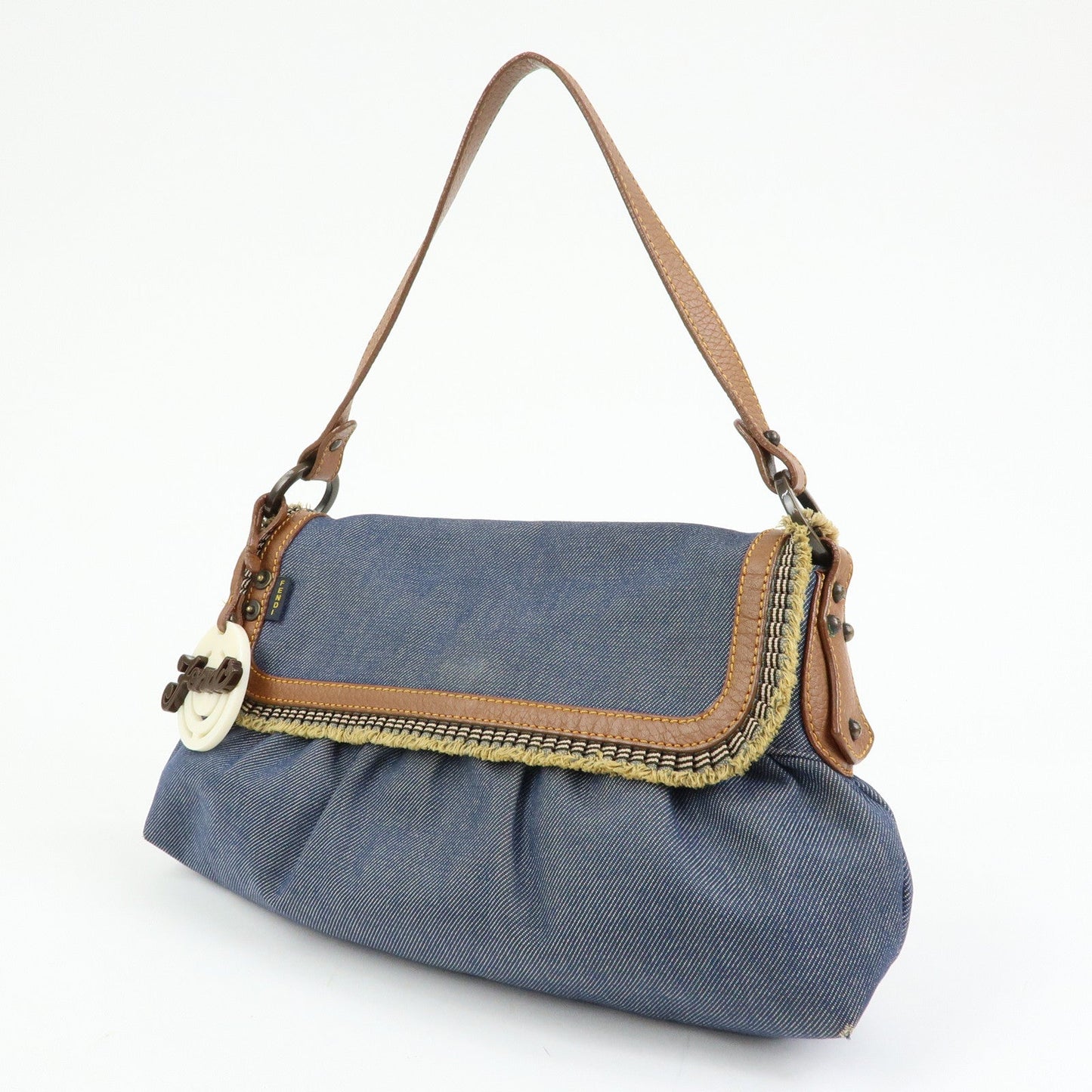 FENDI Denim Leather Shoulder Bag Hand Bag Indigo Brown 8BR445