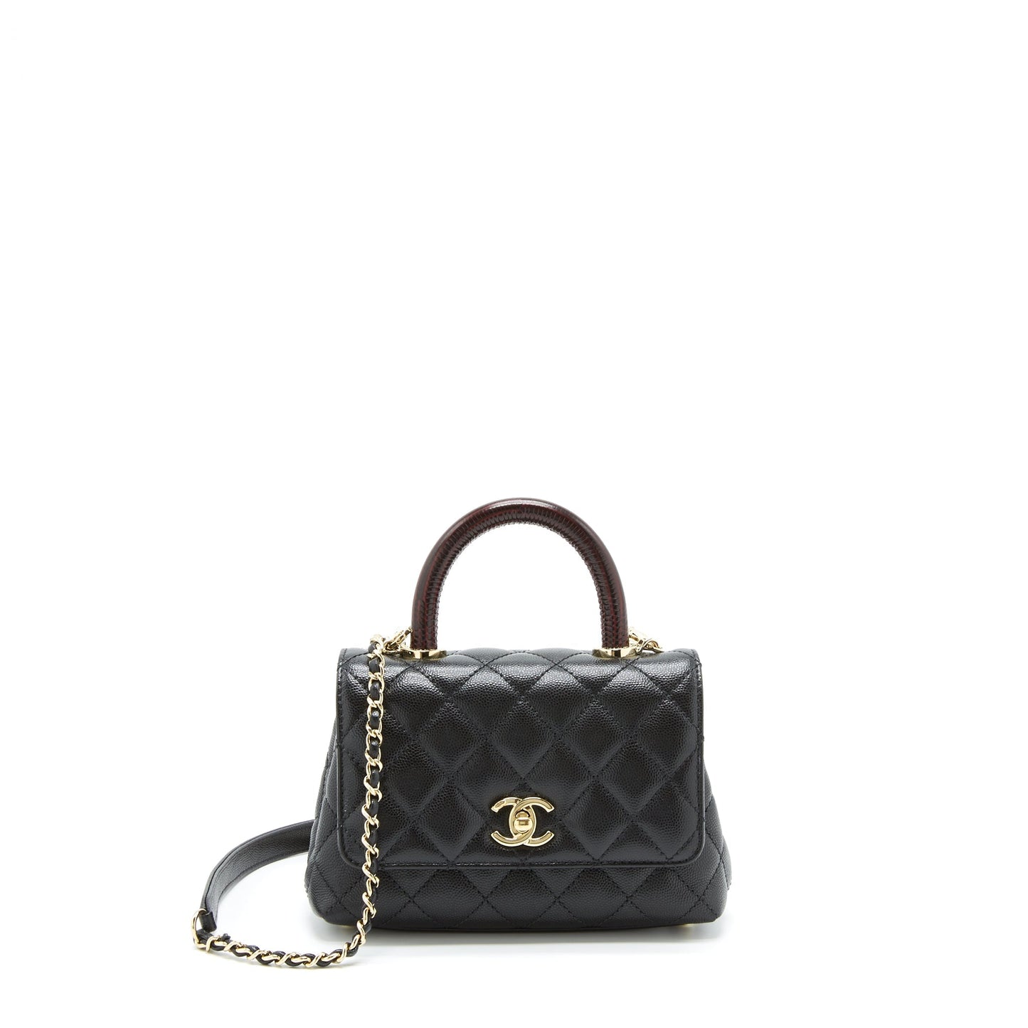 Chanel Mini Coco Handle Flap Bag Caviar Black With Burgundy Handle L