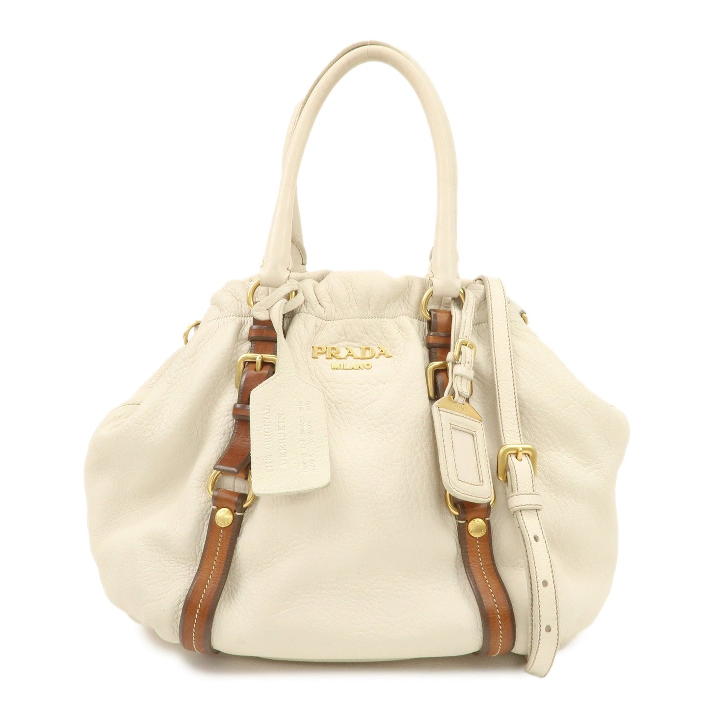 PRADA Leather 2Way Bag Tote Bag Brown White BN1773