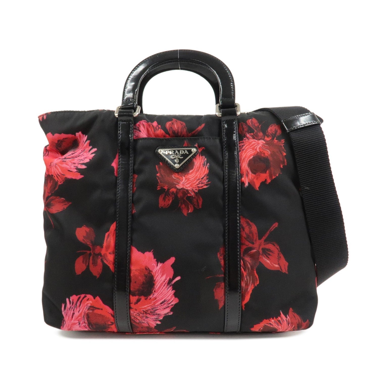 PRADA Triangle Logo Nylon Patent Leather 2Way Bag Flower BN1066
