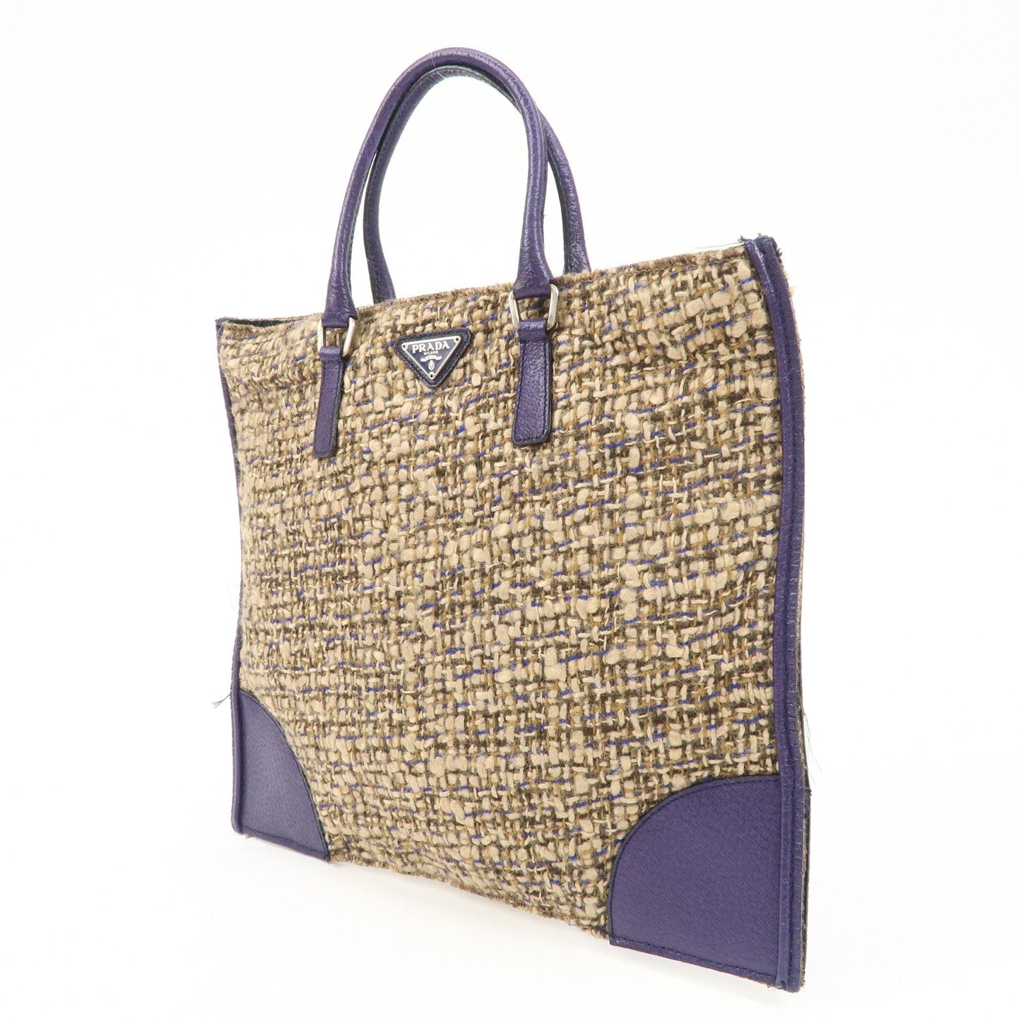 PRADA Triangle Logo Tweed Leather Tote Bag Purple Beige B11261