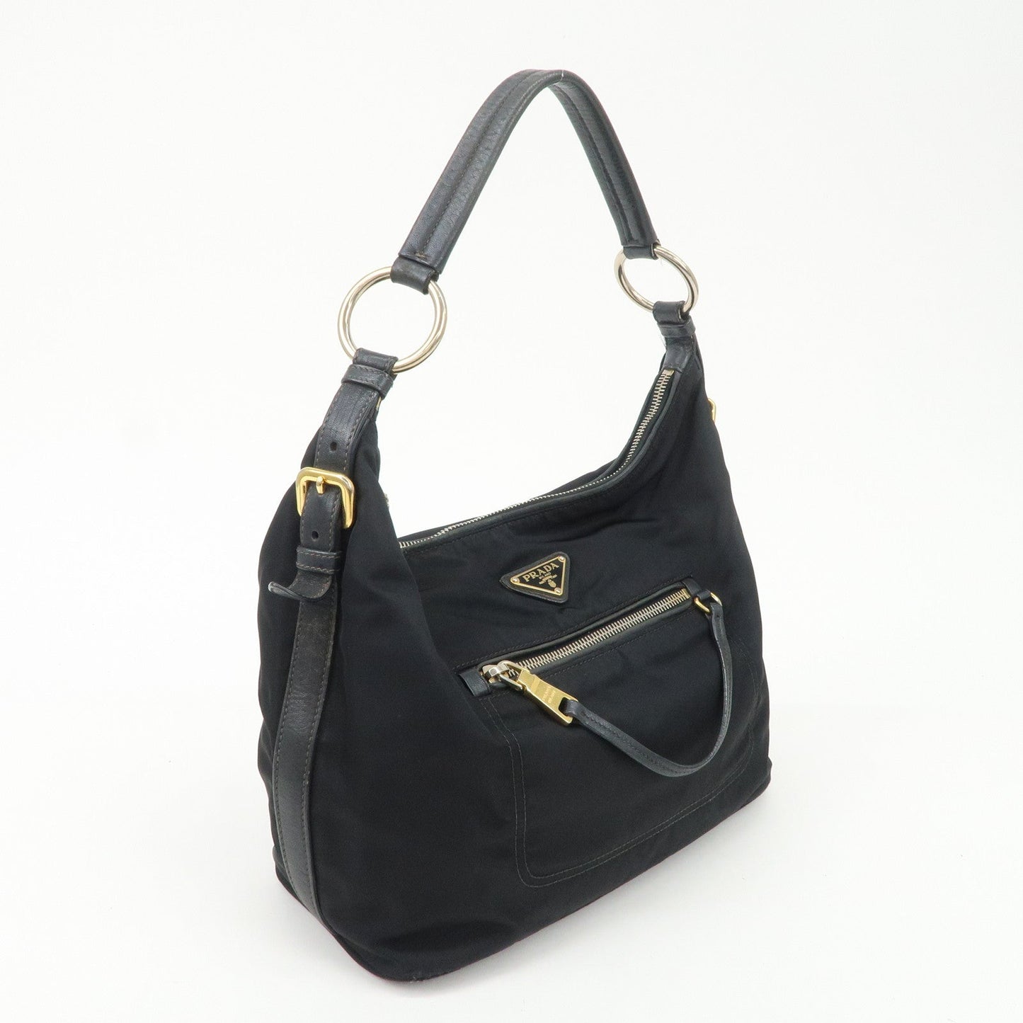 PRADA Triangle Logo Leather Nylon Shoulder Bag Black