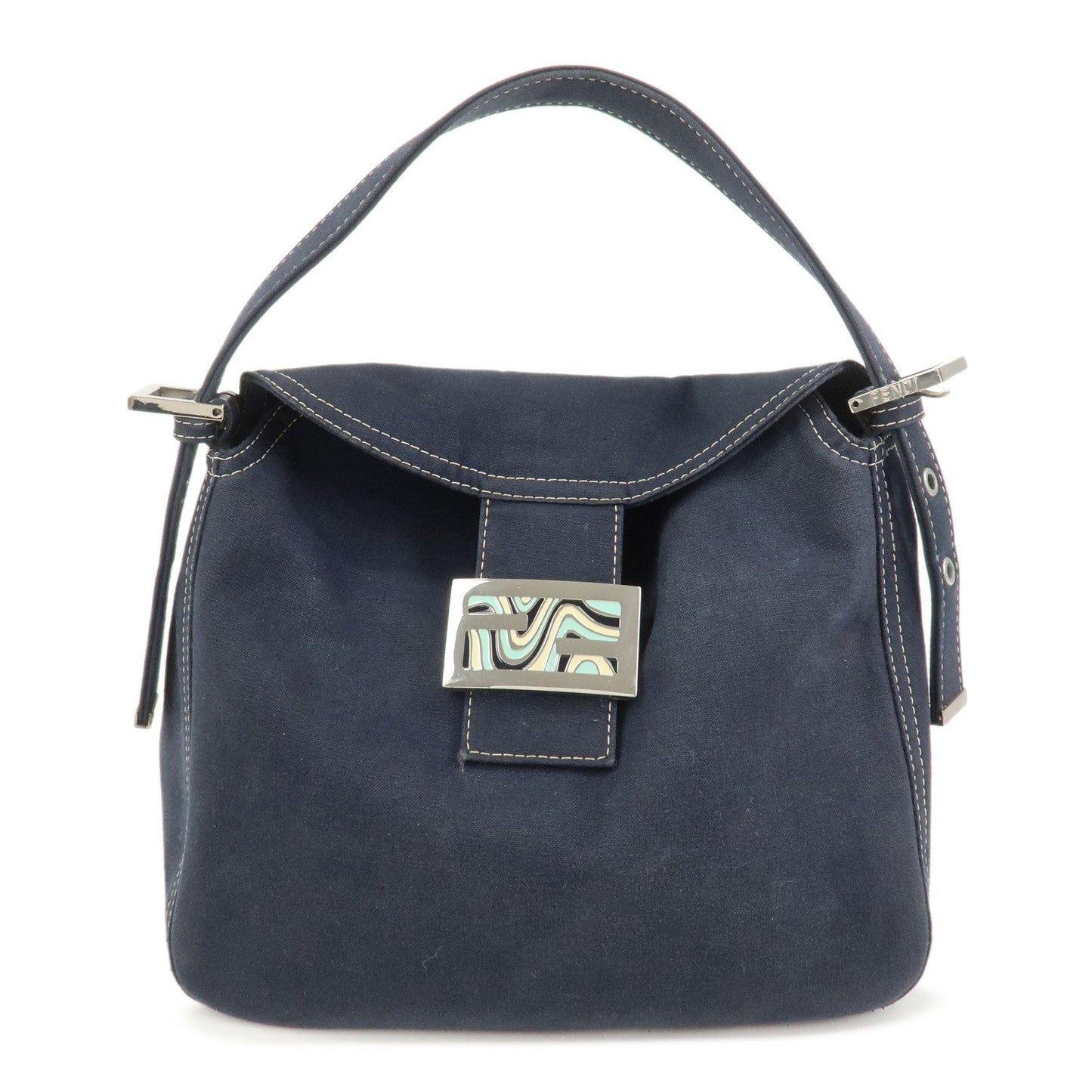 FENDI Logo Canvas Shoulder Bag Hand Bag Navy 26426