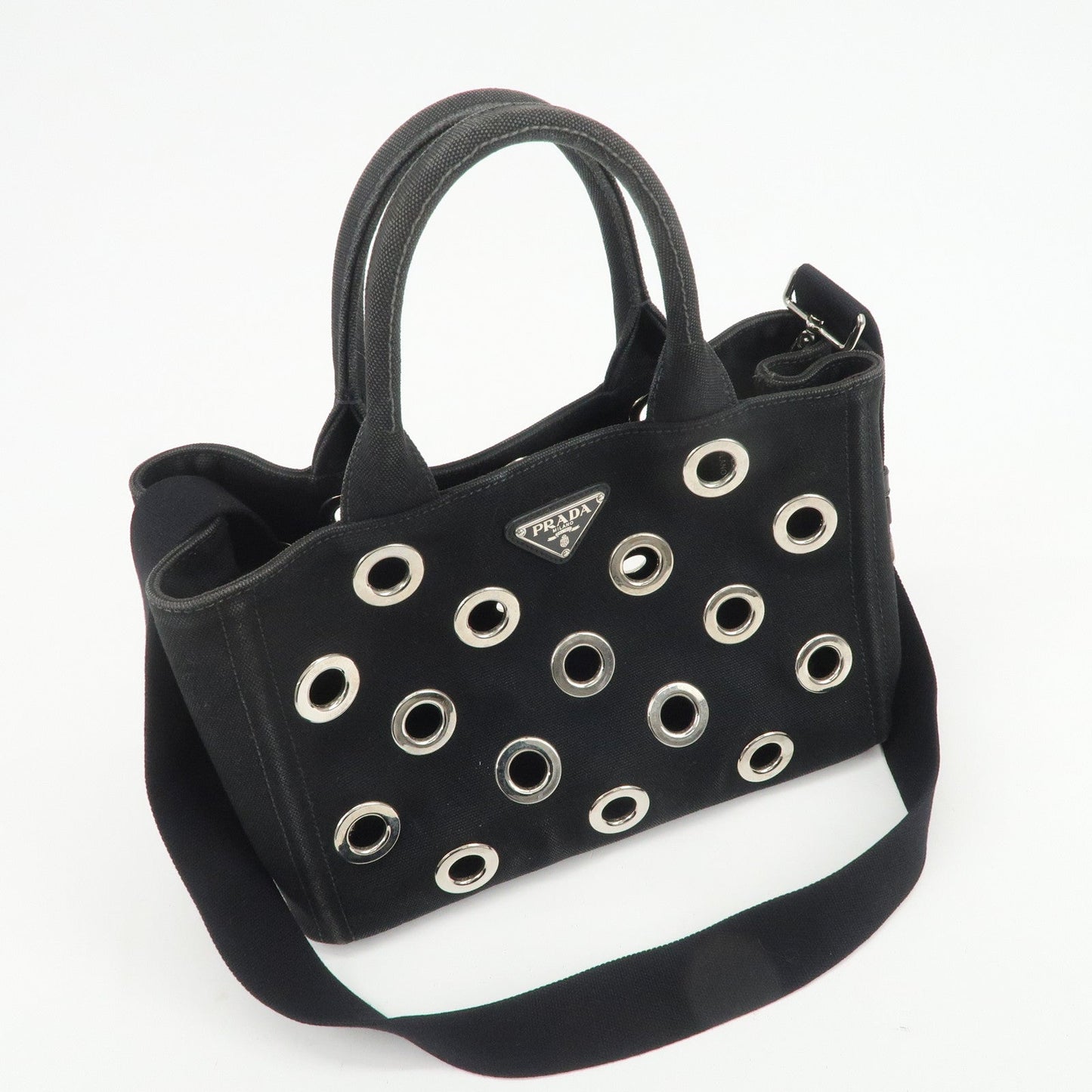 PRADA Canapa Mini Canvas Grommet 2Way Bag Hand Shoulder Bag Black