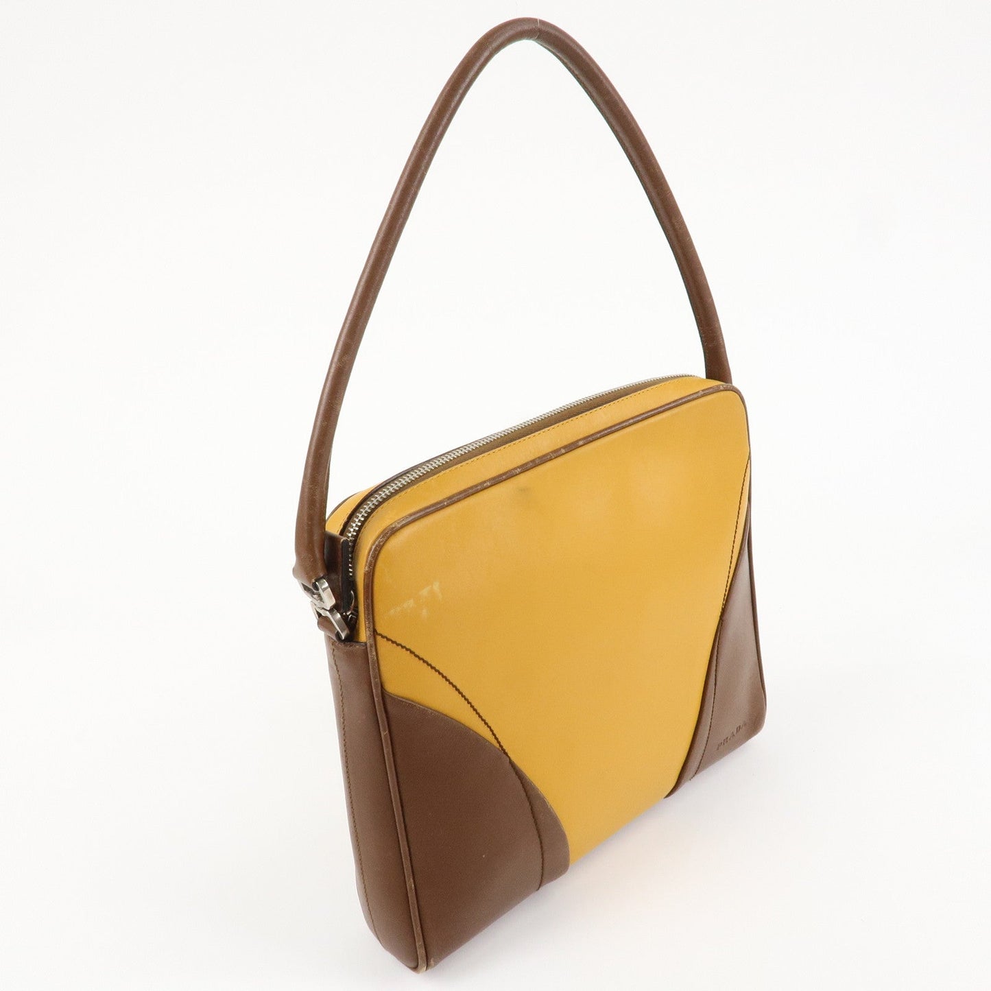 PRADA Leather Shoulder Bag Hand Bag Bi-color Mustard Brown