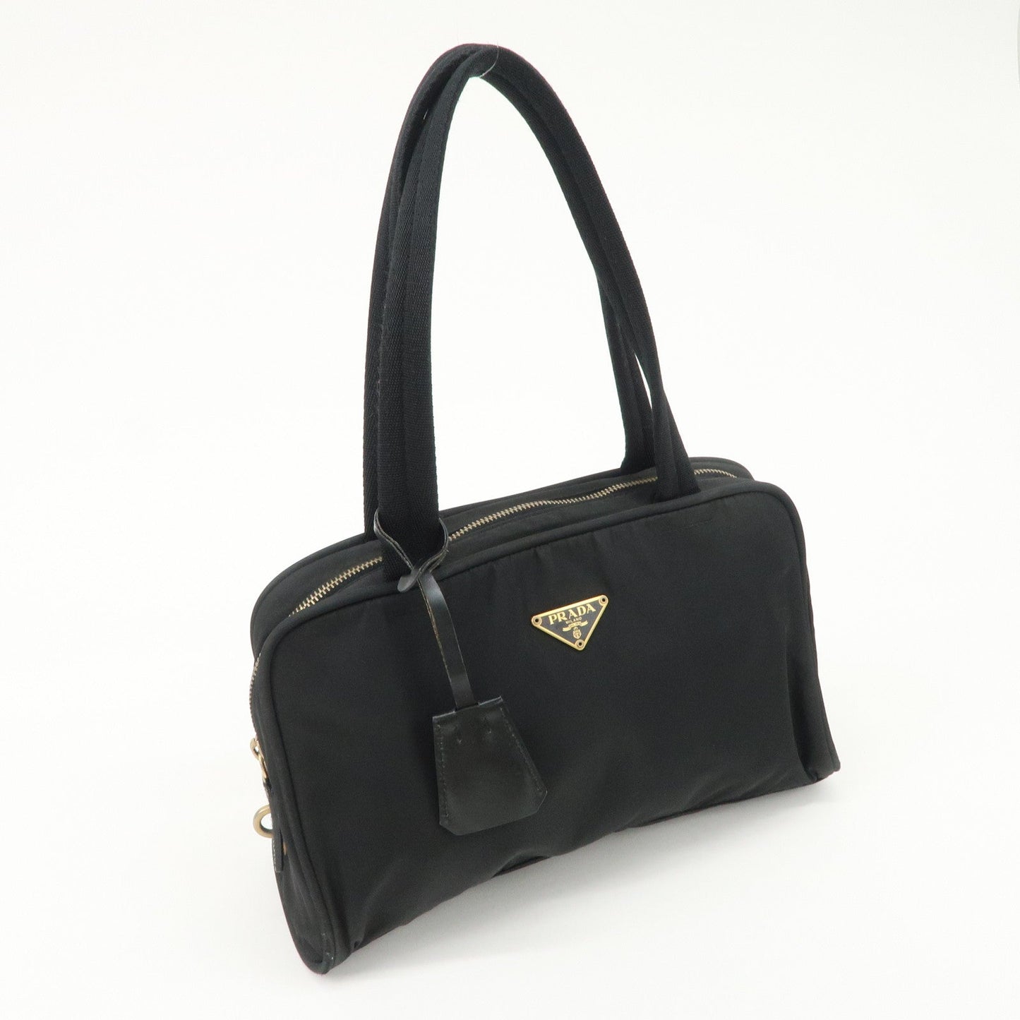 PRADA Triangle Logo Leather Nylon Hand Bag Shoulder Bag Black BR0141