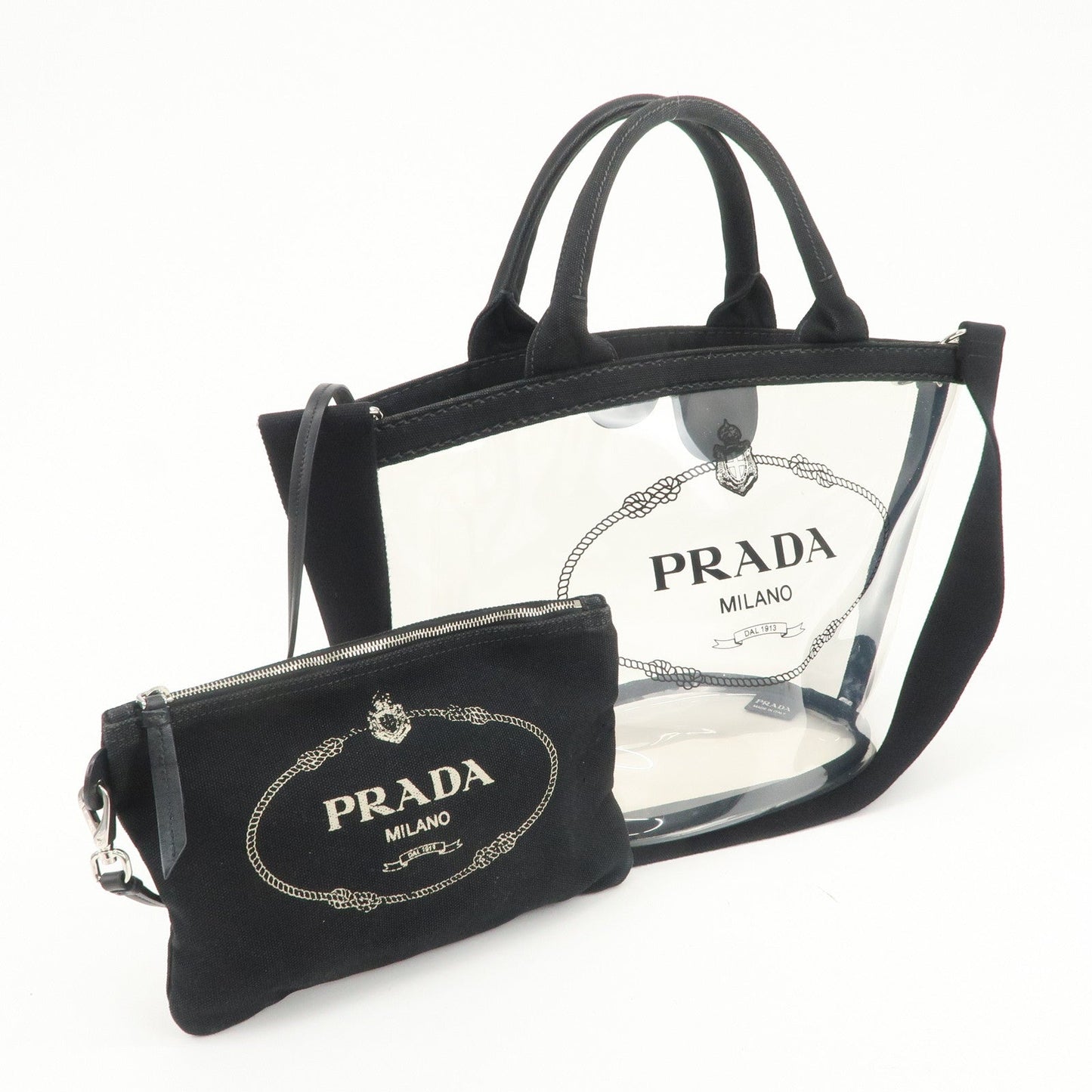 PRADA Canvas Vinyl Leather 2Way Hand Bag Clear Black 1BG187