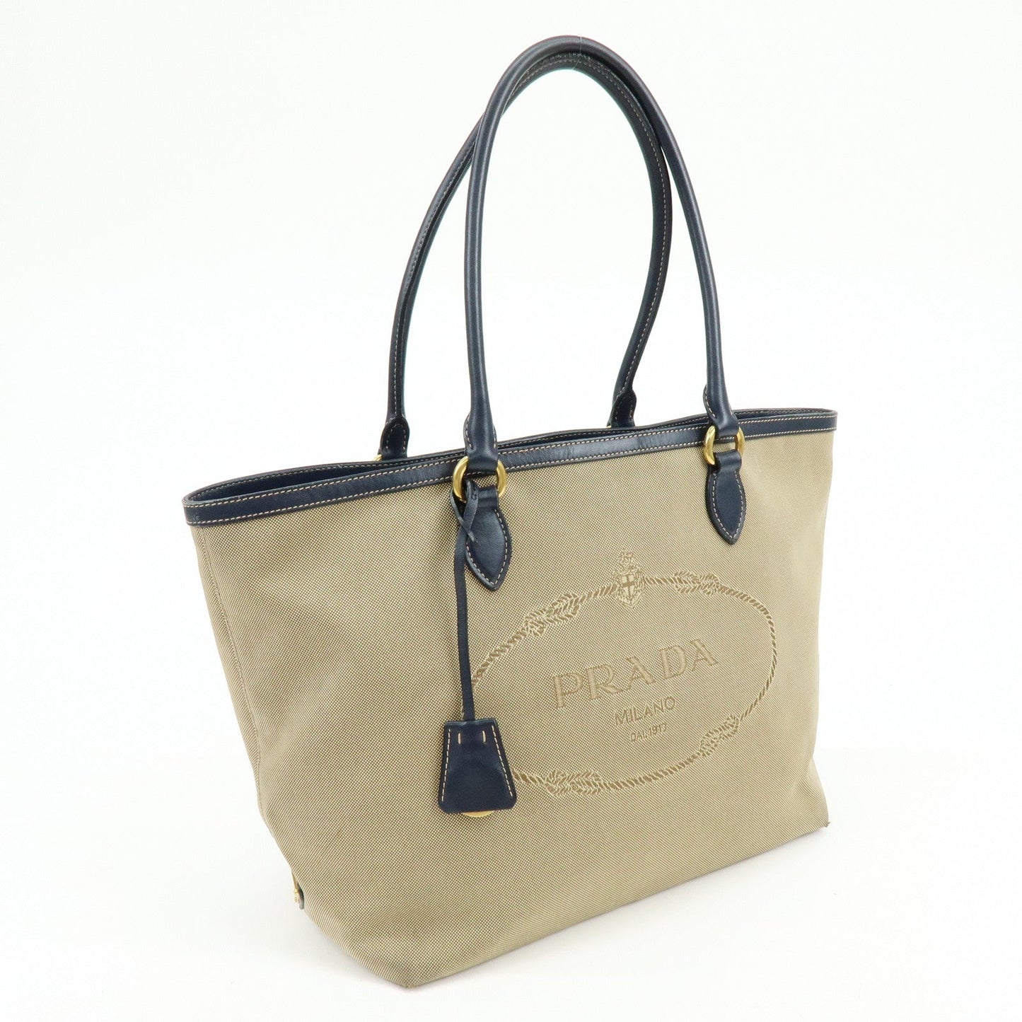 PRADA Logo Jacguard Leather Tote Bag Hand Bag Beige Navy