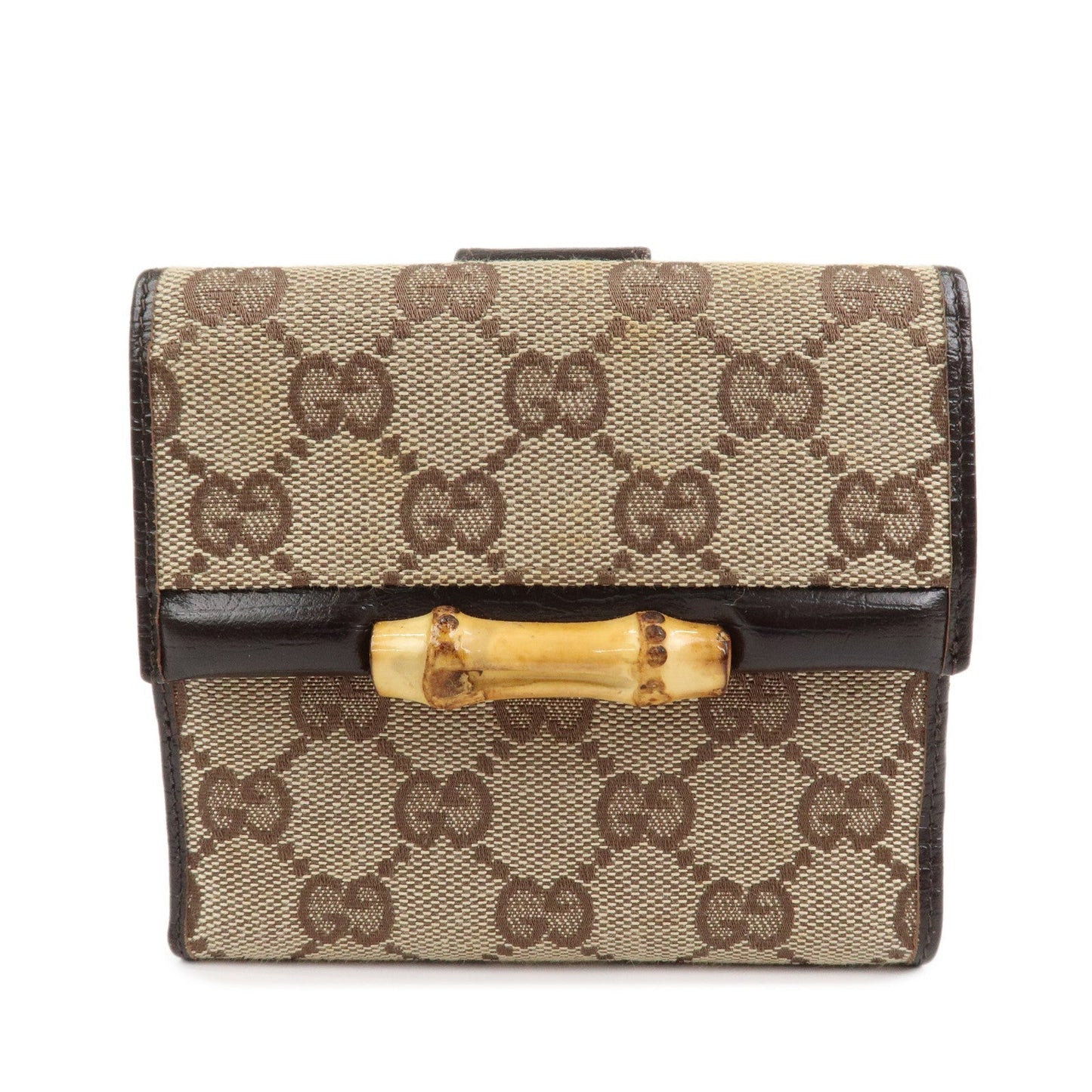 GUCCI Bamboo GG Canvas Leather W Hook Compact Wallet Beige 112521