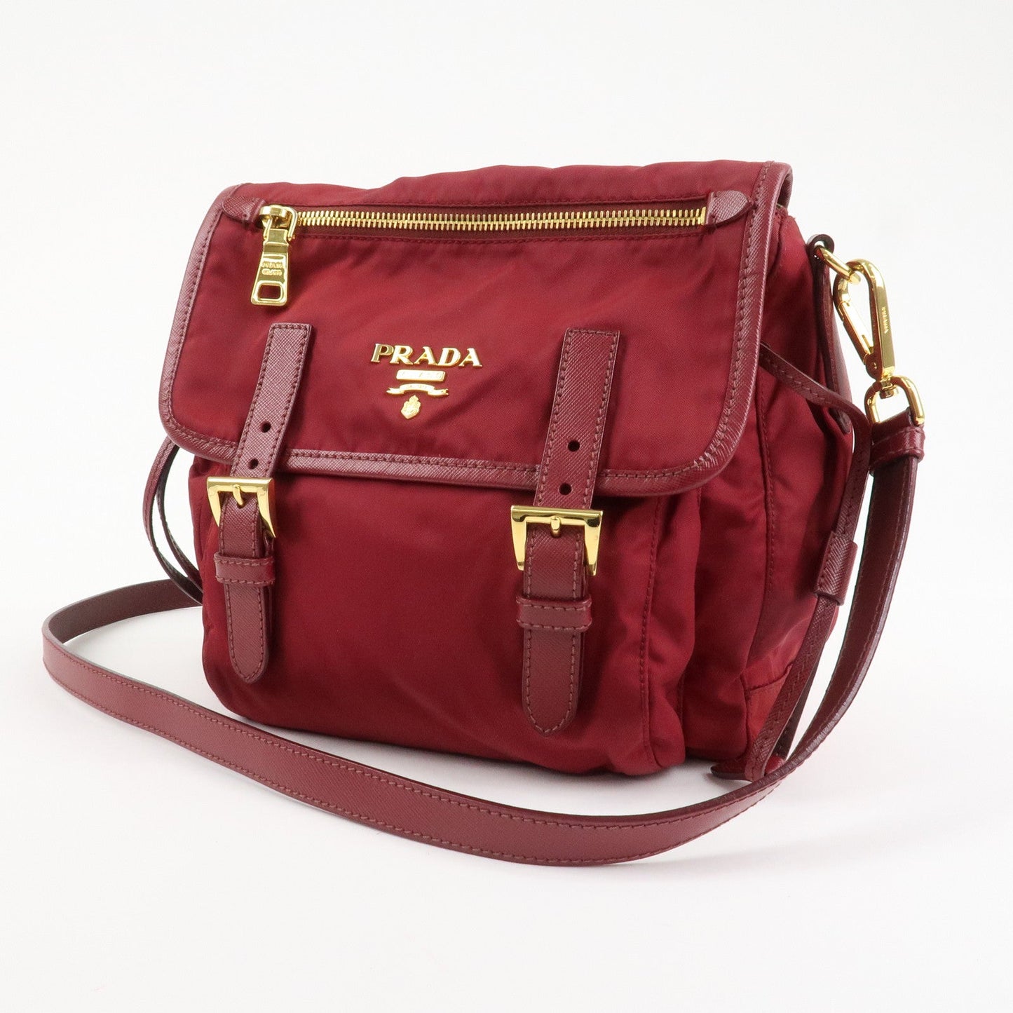 PRADA Logo Nylon Leather Shoulder Bag Crossbody Bag Bordeaux BT0692