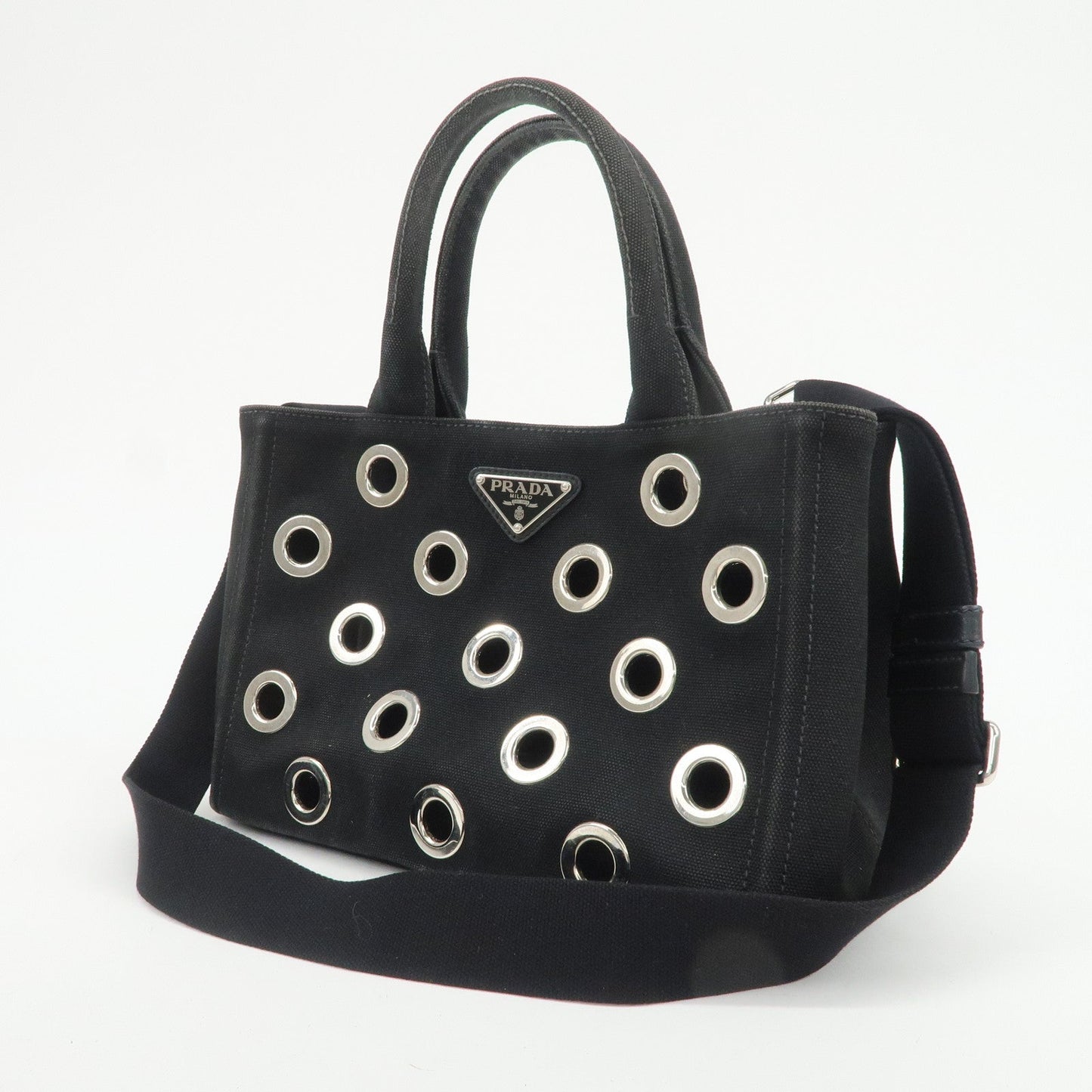 PRADA Canapa Mini Canvas Grommet 2Way Bag Hand Shoulder Bag Black