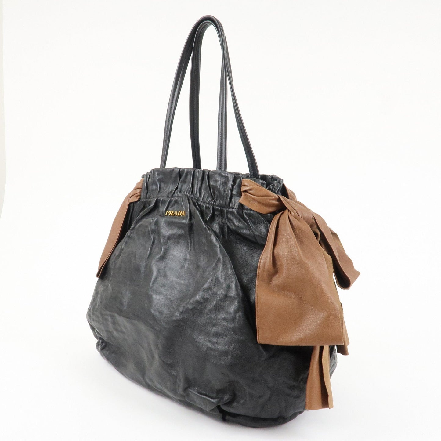 PRADA Leather Ribbon Shoulder Bag Hand Bag Black Brown